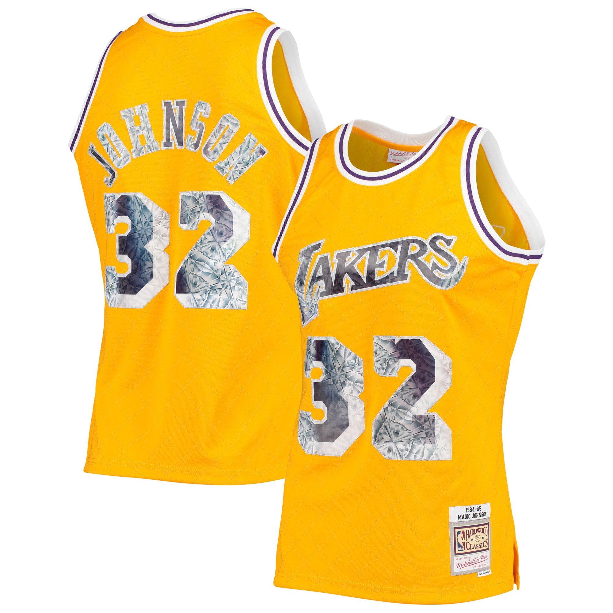 Men's Mitchell & Ness Magic Johnson Gold Los Angeles Lakers 1984/85 Hardwood Classics Nba 75th Anniversary Diamond Swingman Jersey