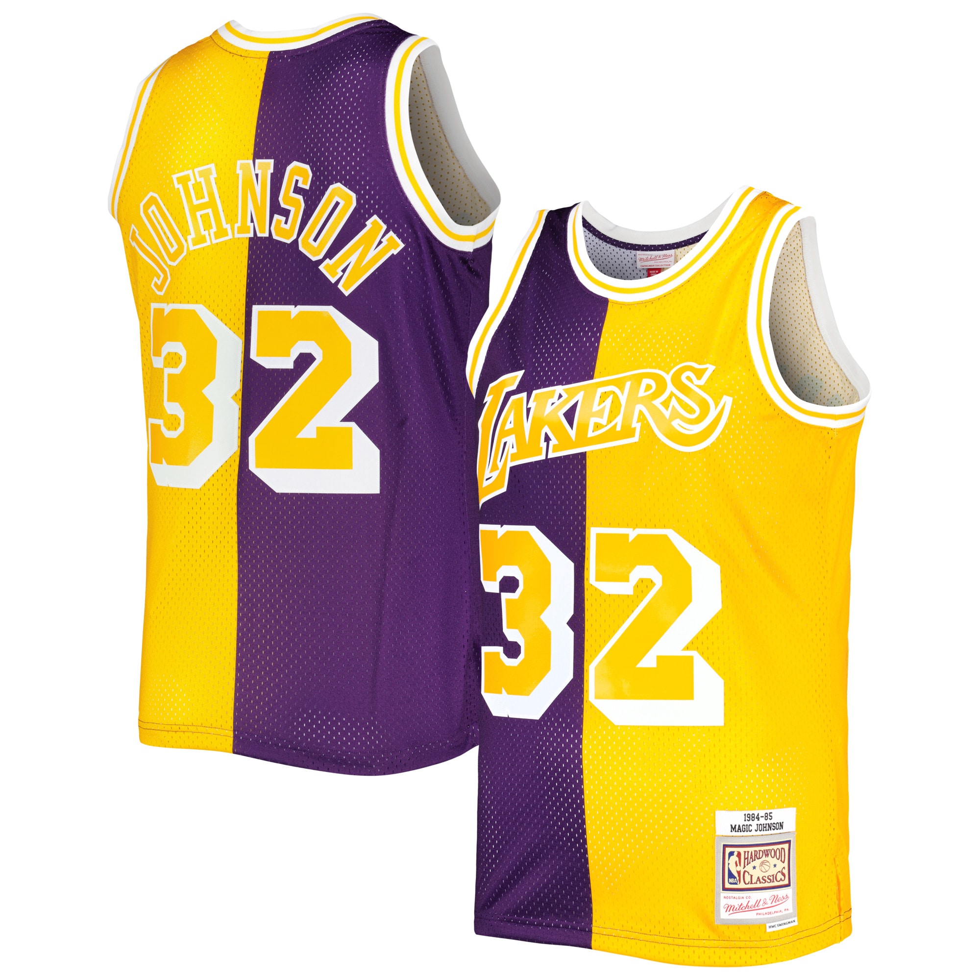 Men's Mitchell & Ness Magic Johnson Purple/gold Los Angeles Lakers Hardwood Classics 1984/85 Split Swingman Jersey
