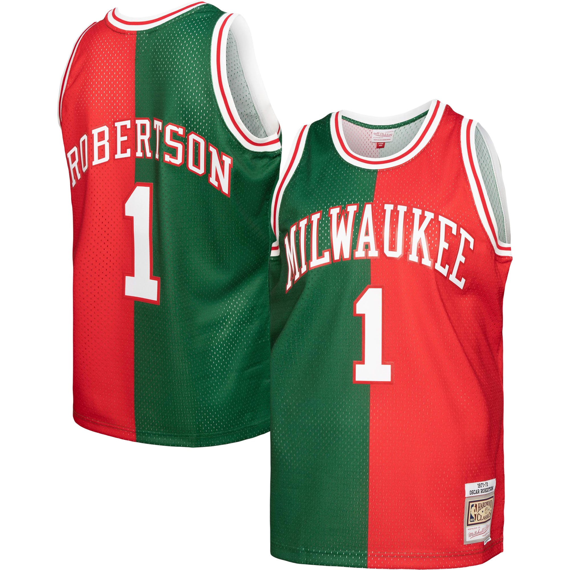 Men's Mitchell & Ness Oscar Robertson Green/red Milwaukee Bucks Hardwood Classics 1971/72 Split Swingman Jersey