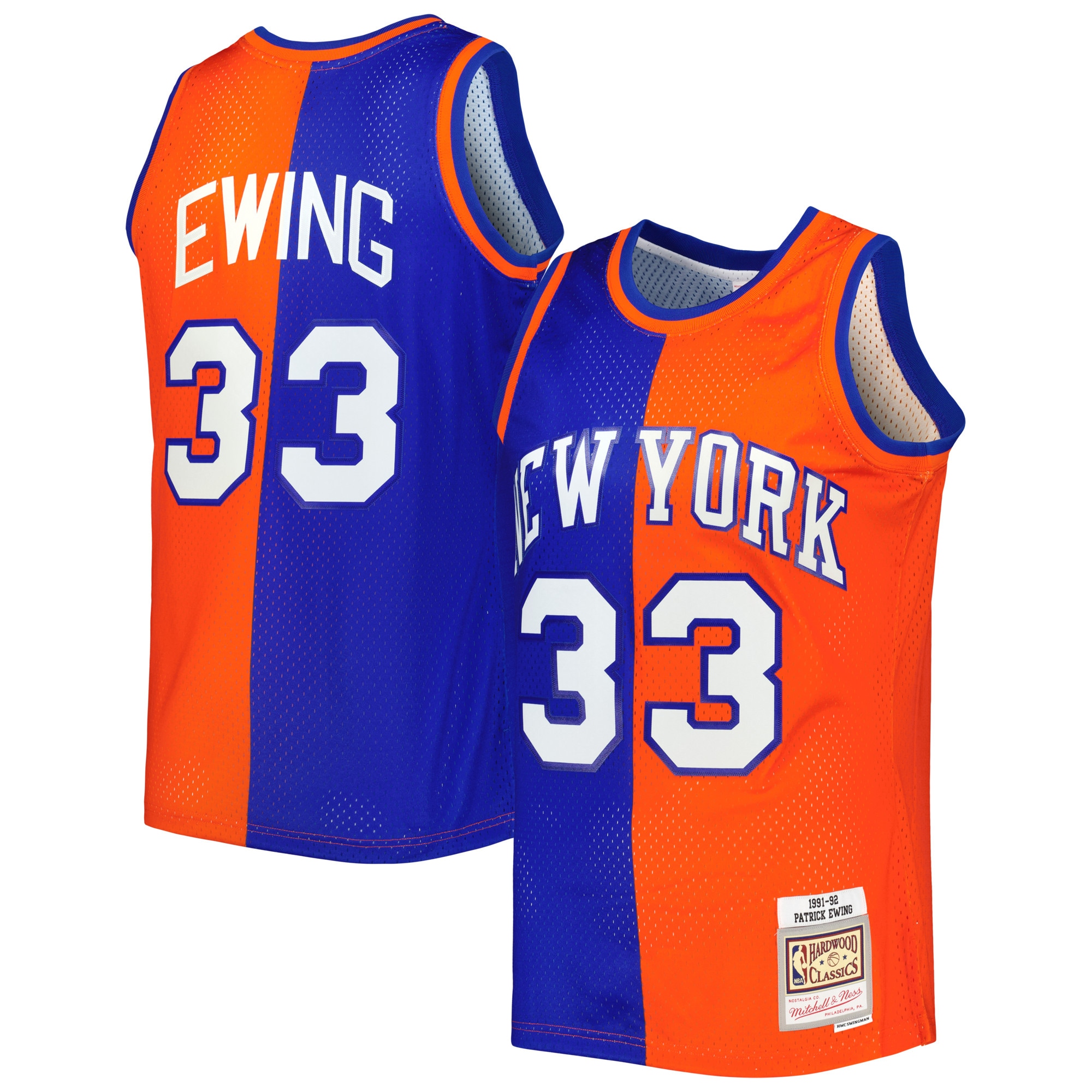 Men's Mitchell & Ness Patrick Ewing Blue/orange New York Knicks Hardwood Classics 1991/92 Split Swingman Jersey