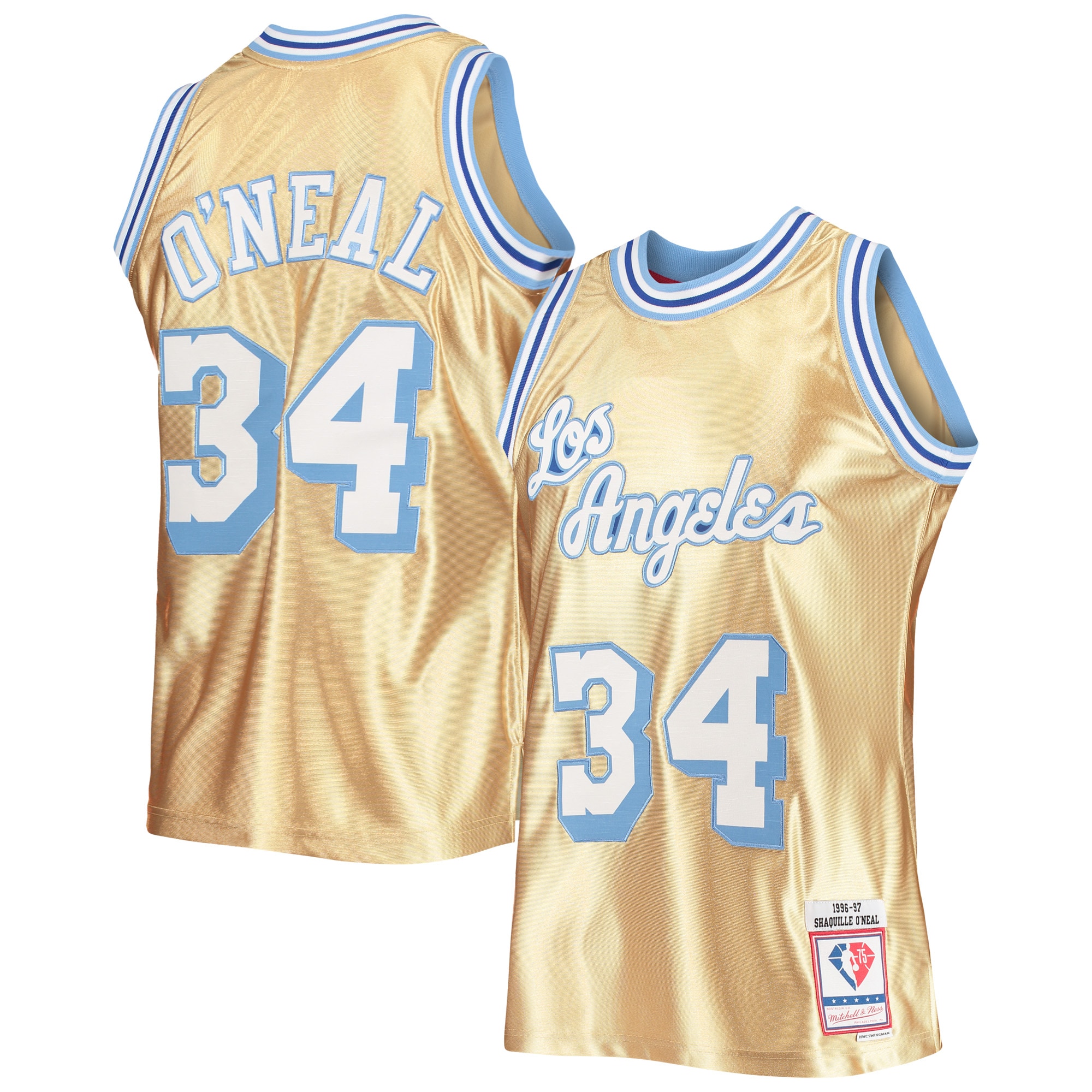 Men's Mitchell & Ness Shaquille O'neal Gold Los Angeles Lakers 75th Anniversary 1996/97 Hardwood Classics Swingman Jersey