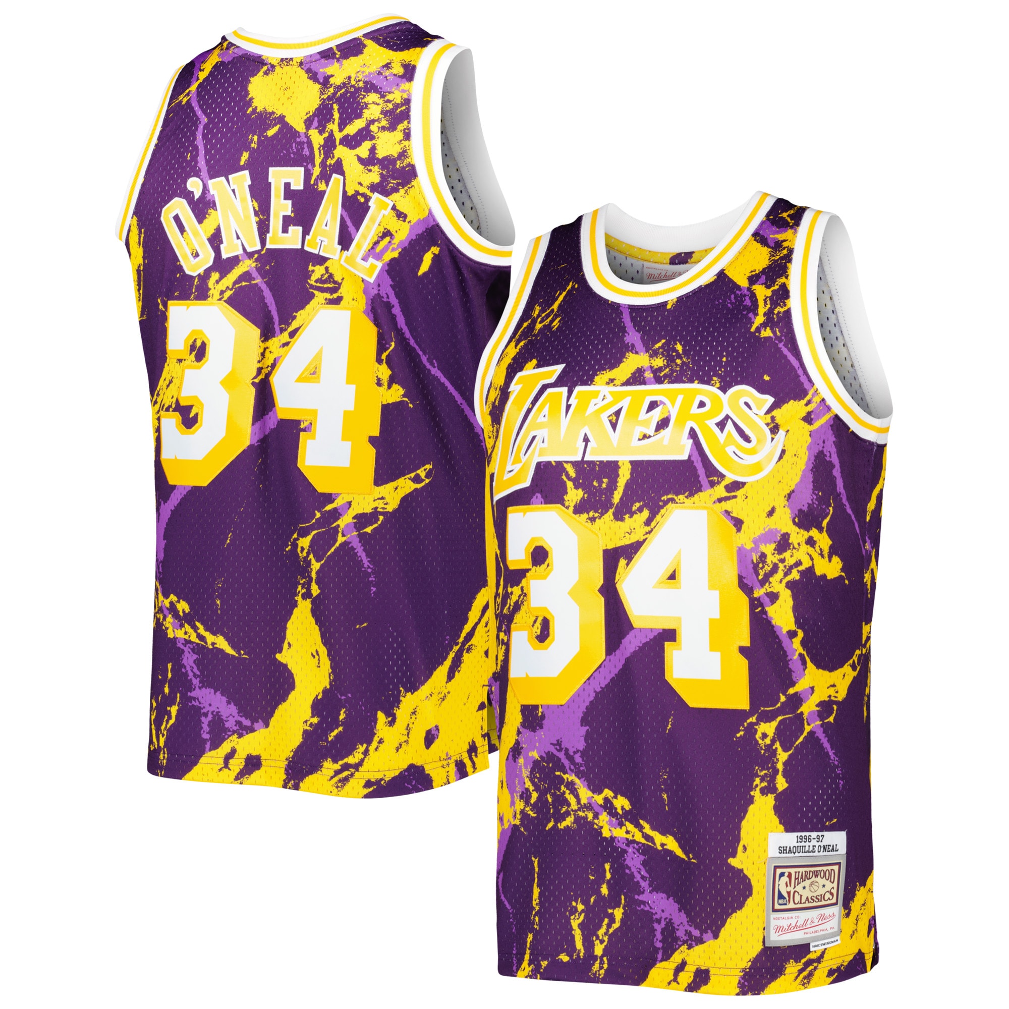 Men's Mitchell & Ness Shaquille O'neal Purple Los Angeles Lakers 1996/97 Hardwood Classics Marble Swingman Jersey