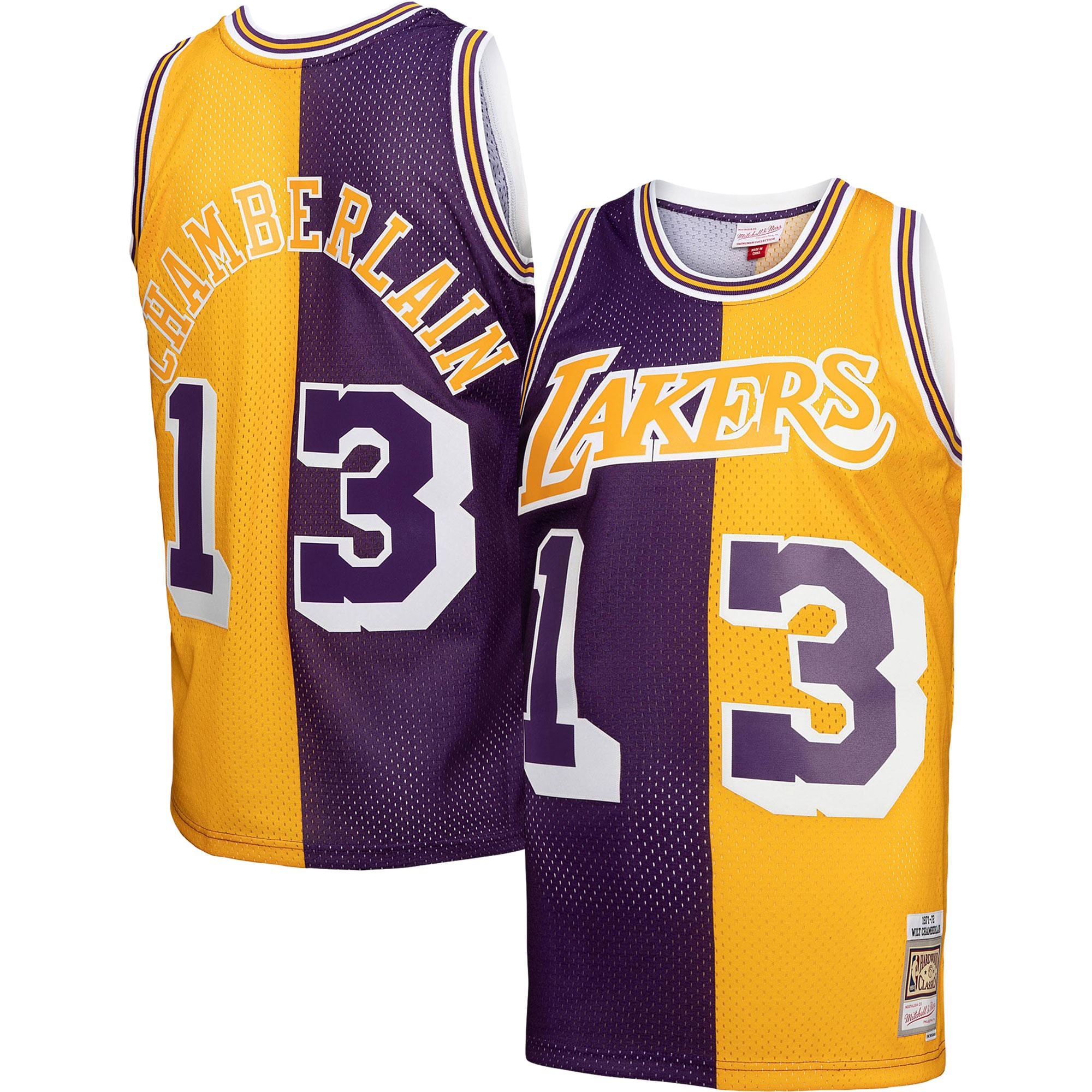 Men's Mitchell & Ness Wilt Chamberlain Purple/gold Los Angeles Lakers Hardwood Classics 1971/72 Split Swingman Jersey