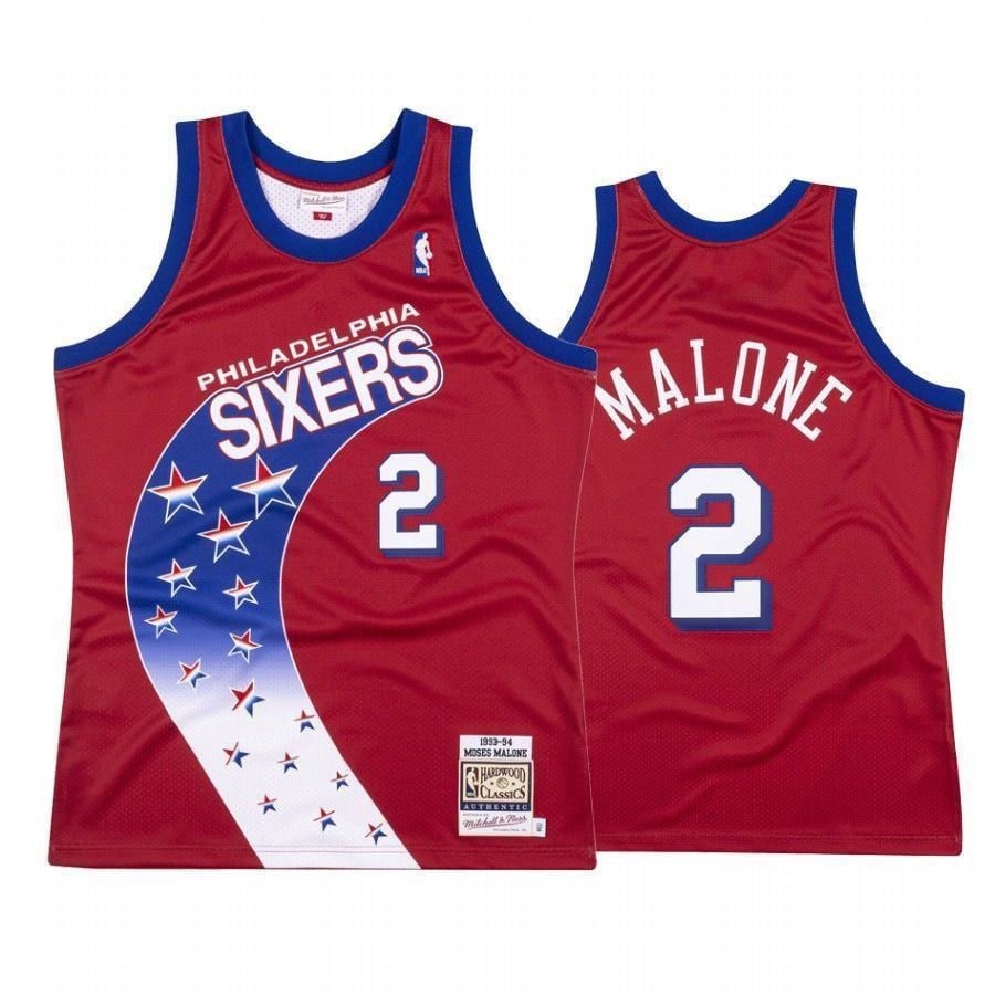 Men's Moses Malone 2 Philadelphia 76ers Red Hardwood Classics Jersey