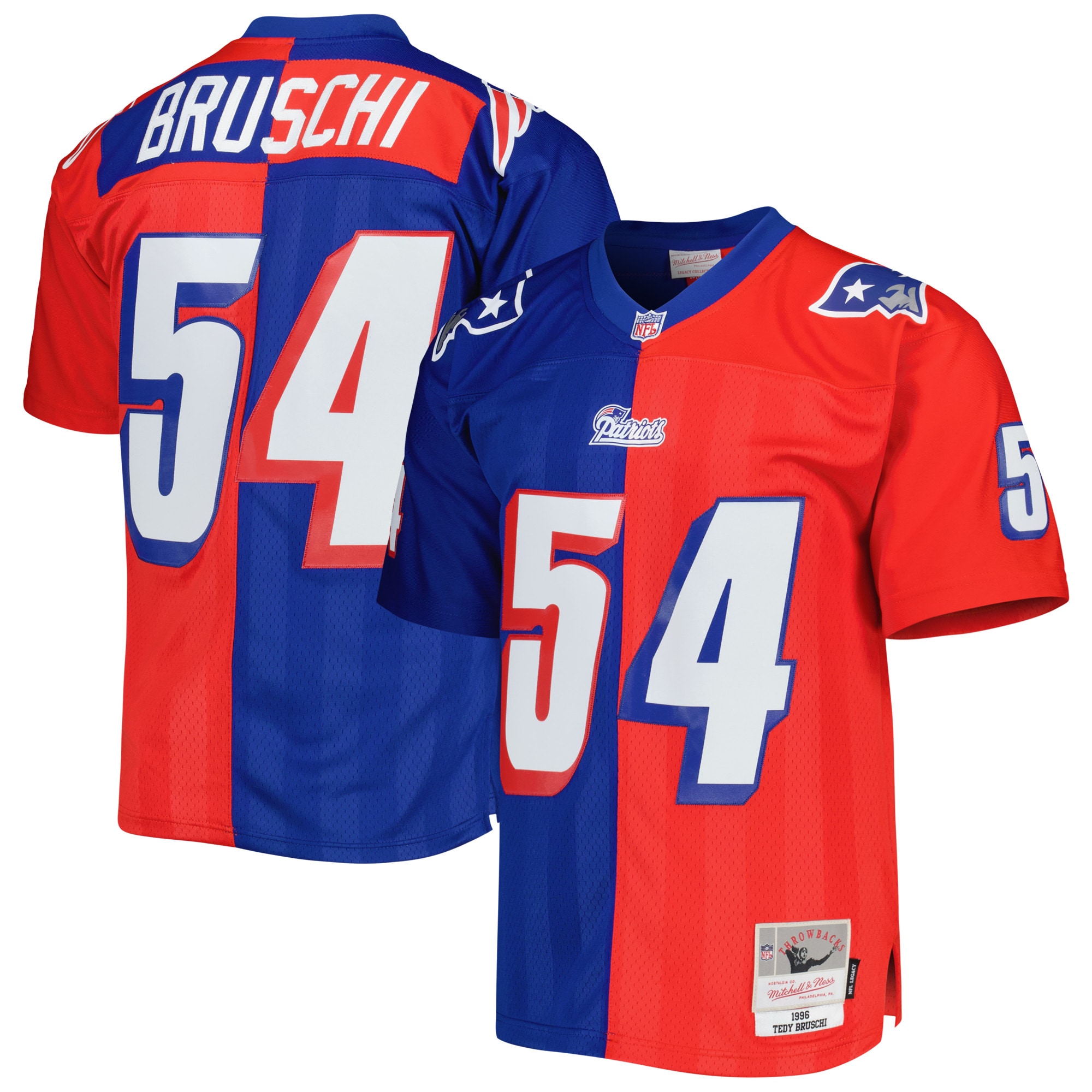 Men's New England Patriots Tedy Bruschi Mitchell & Ness Royal/red 1996 Split Legacy Jersey Js2590