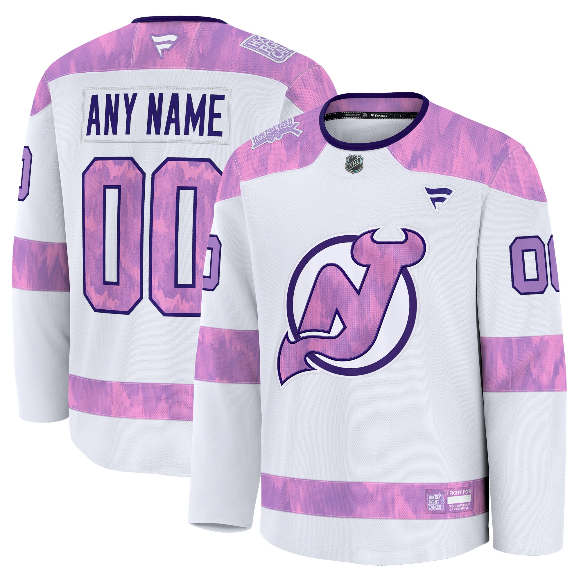 Men's New Jersey Devils White 2024 Hockey Fights Cancer Custom Practice Jersey
