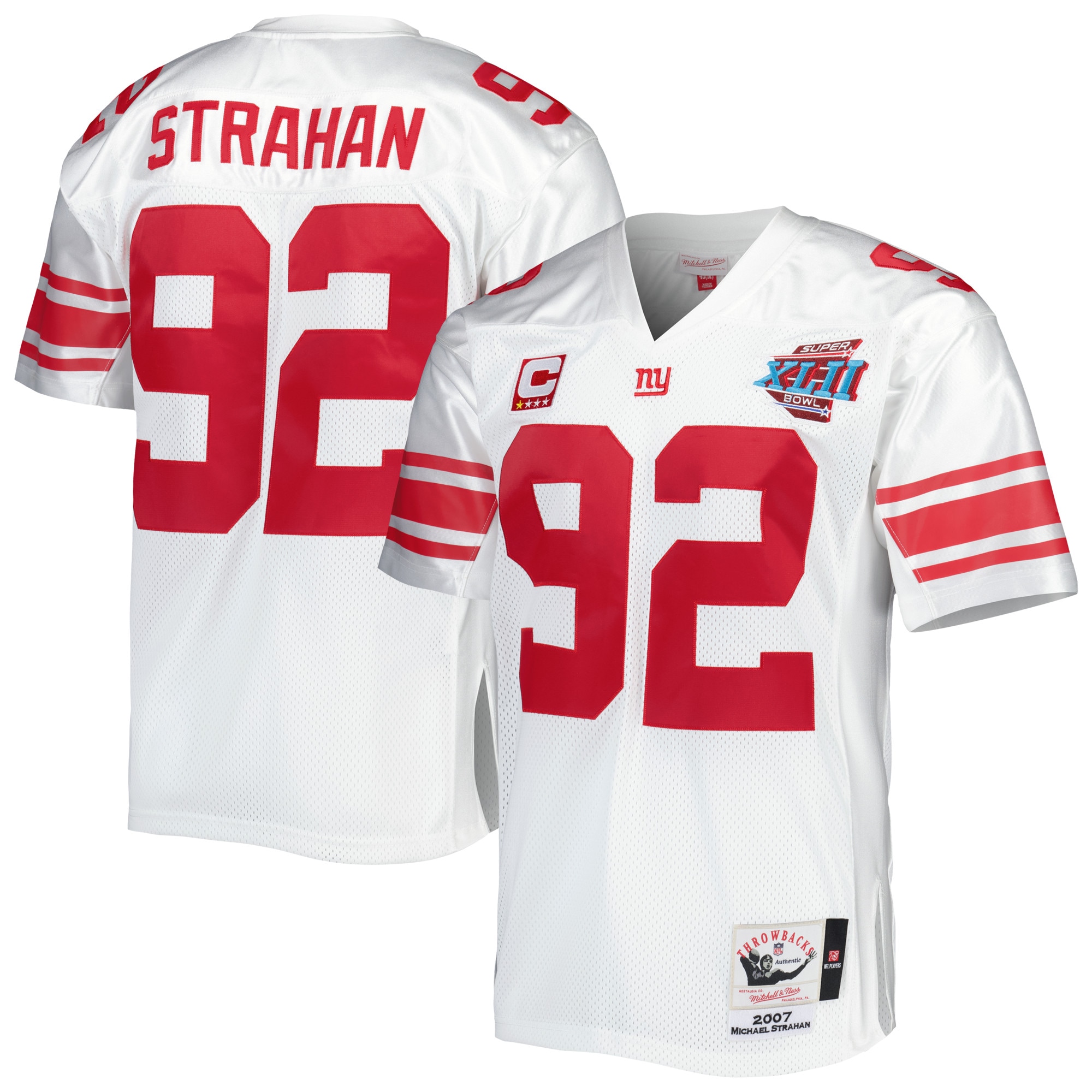 Men's New York Giants 2007 Michael Strahan Mitchell & Ness White Throwback Retired Player Jersey Js5955