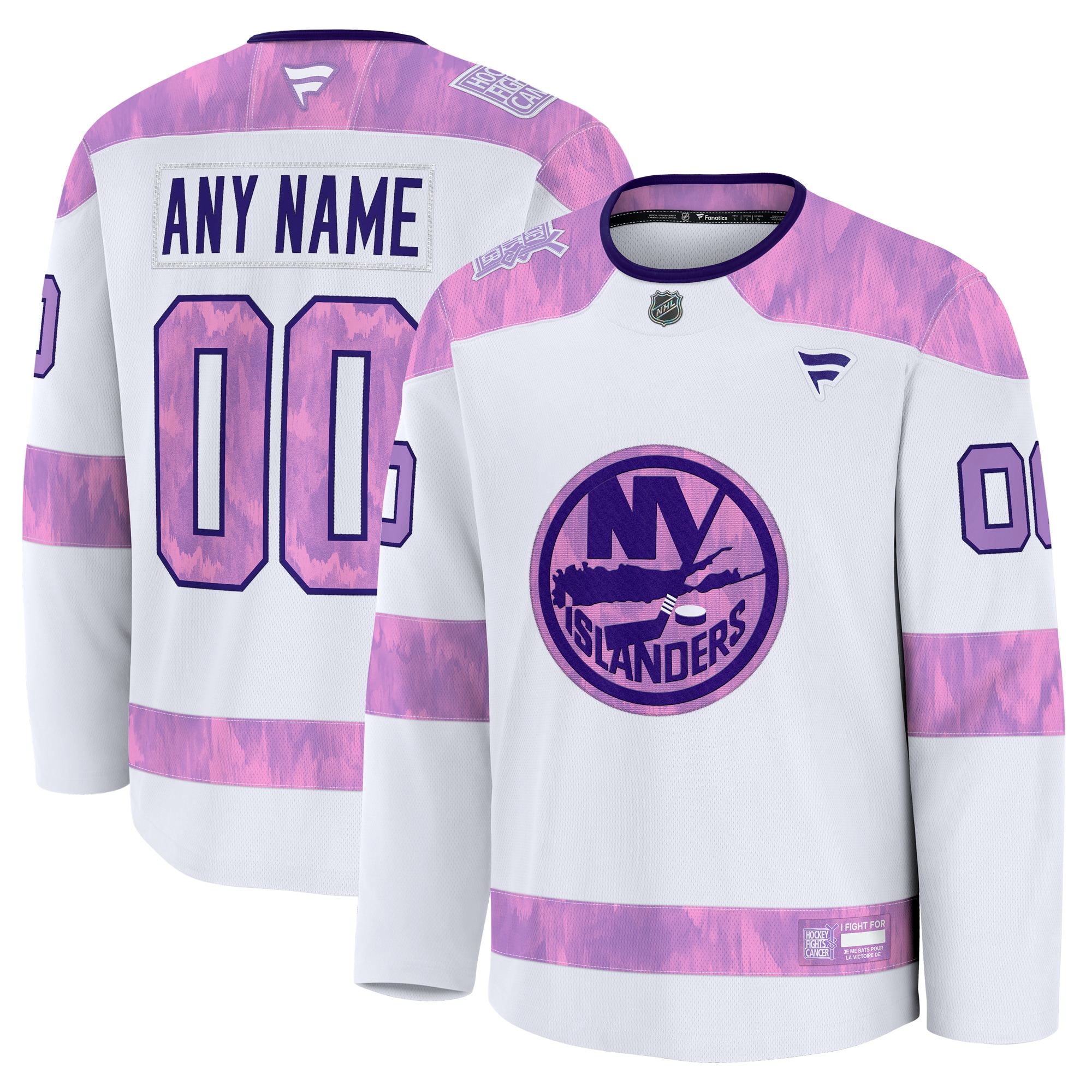 Men's New York Islanders White 2024 Hockey Fights Cancer Custom Practice Jersey