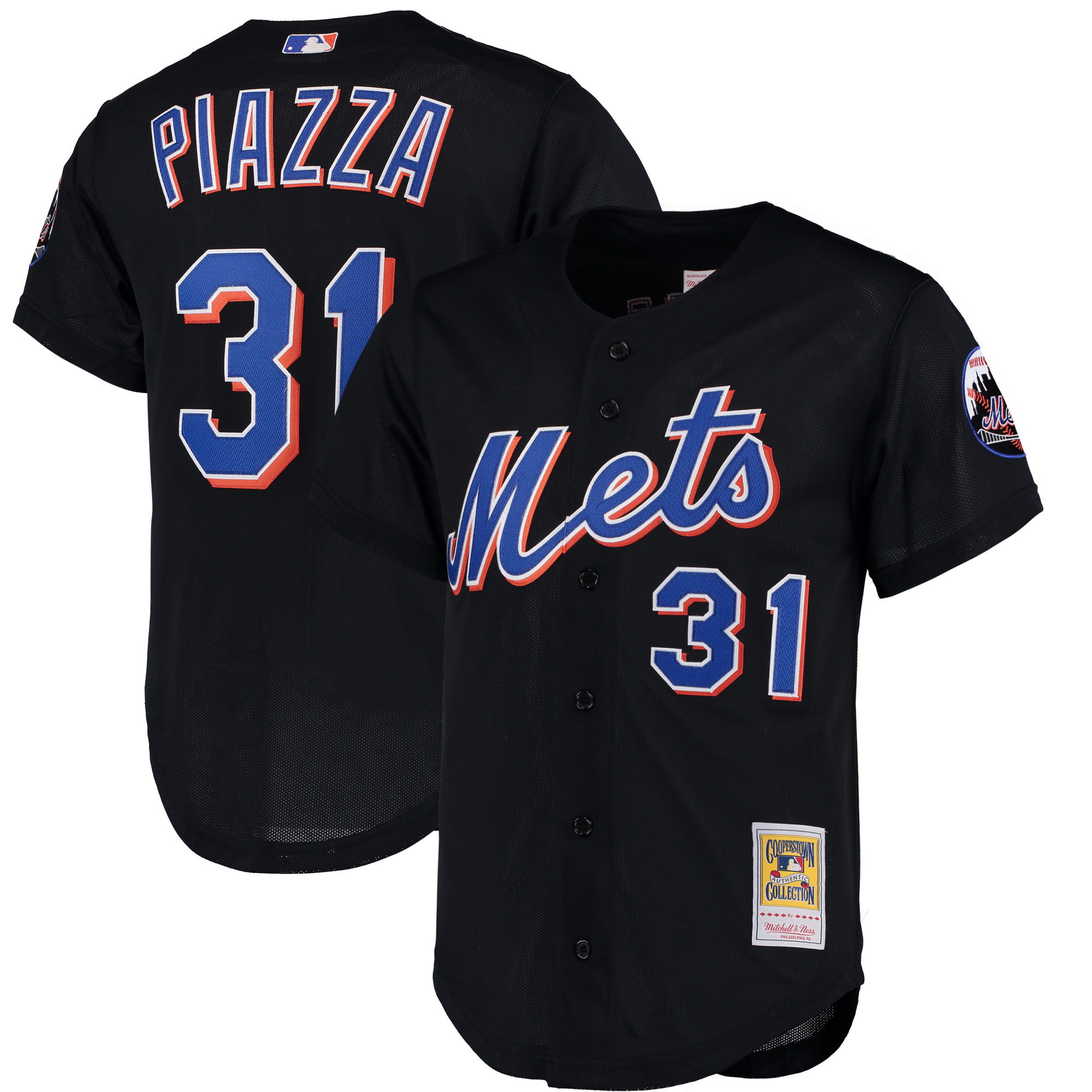 Men's New York Mets Mike Piazza Mitchell & Ness Black Cooperstown Collection Mesh Batting Practice Button-up Jersey