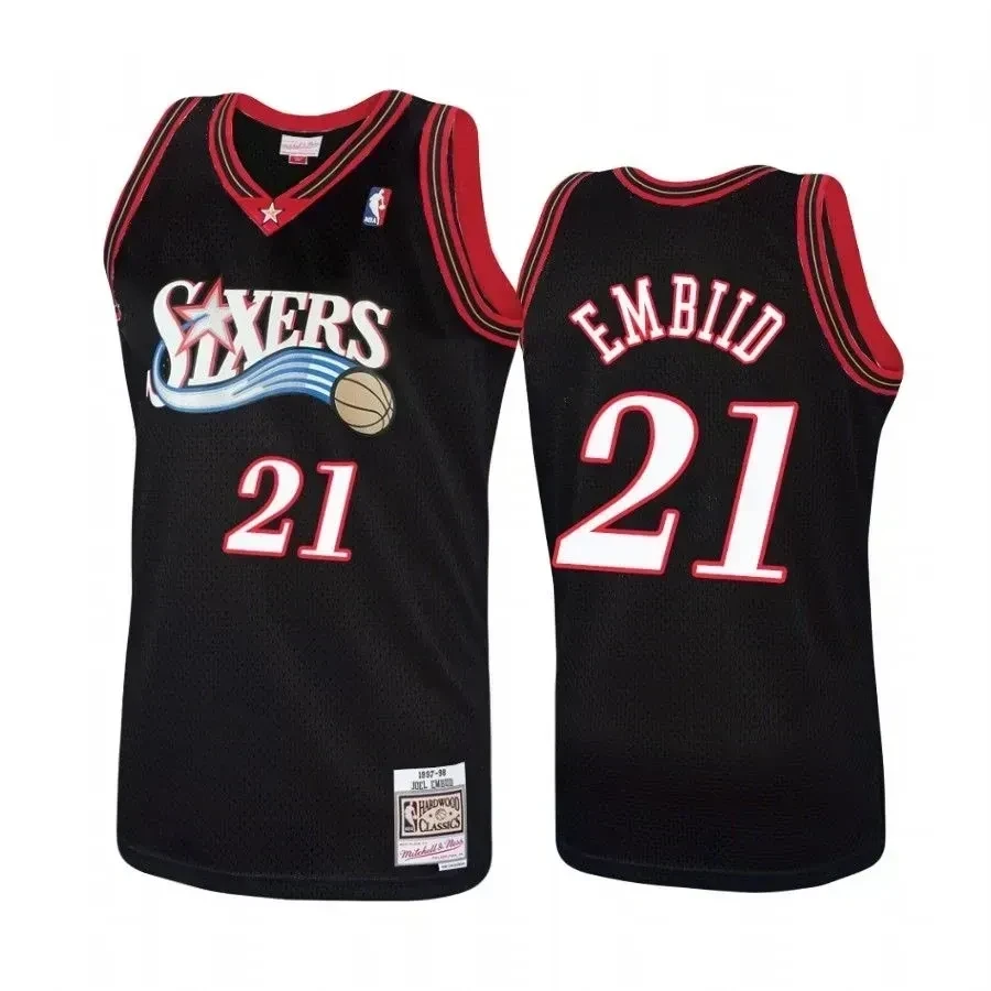 Men's Philadelphia 76ers 21 Joel Embiid Hardwood Classics Black Jersey