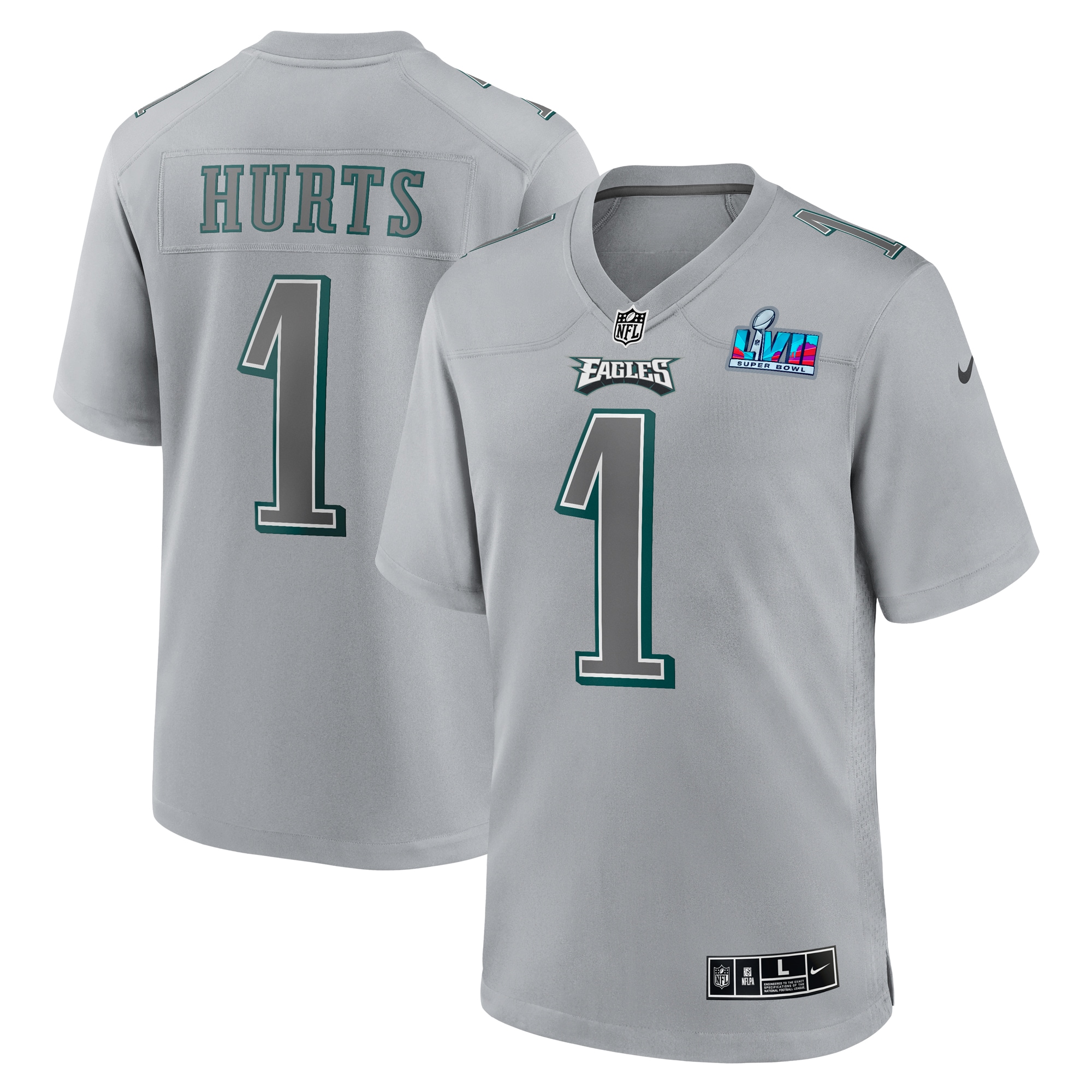 Men's Philadelphia Eagles Jalen Hurts Gray Super Bowl Lvii Patch Atmosphere Fashion Game Jersey Js5891