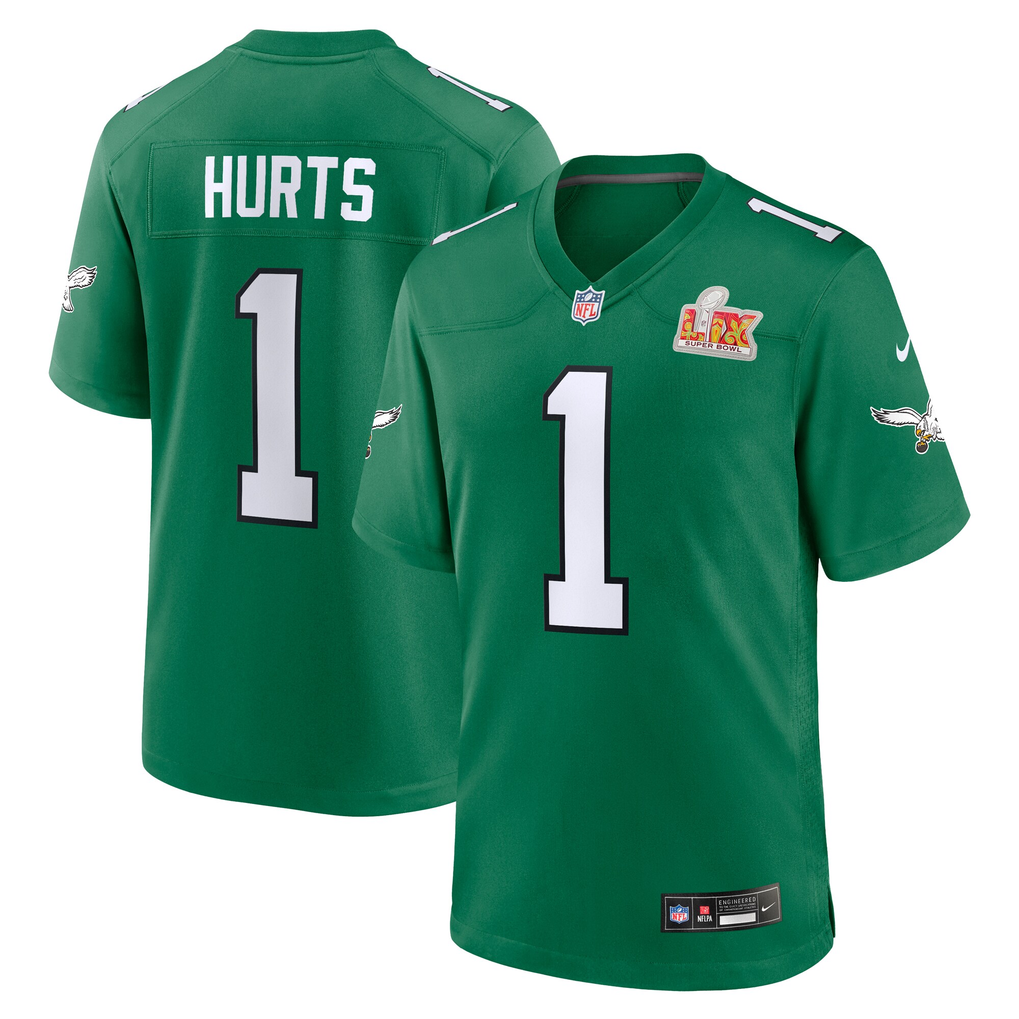 Men's Philadelphia Eagles Jalen Hurts Kelly Green Super Bowl Lix 2nd Alternate Game Jersey Js2678