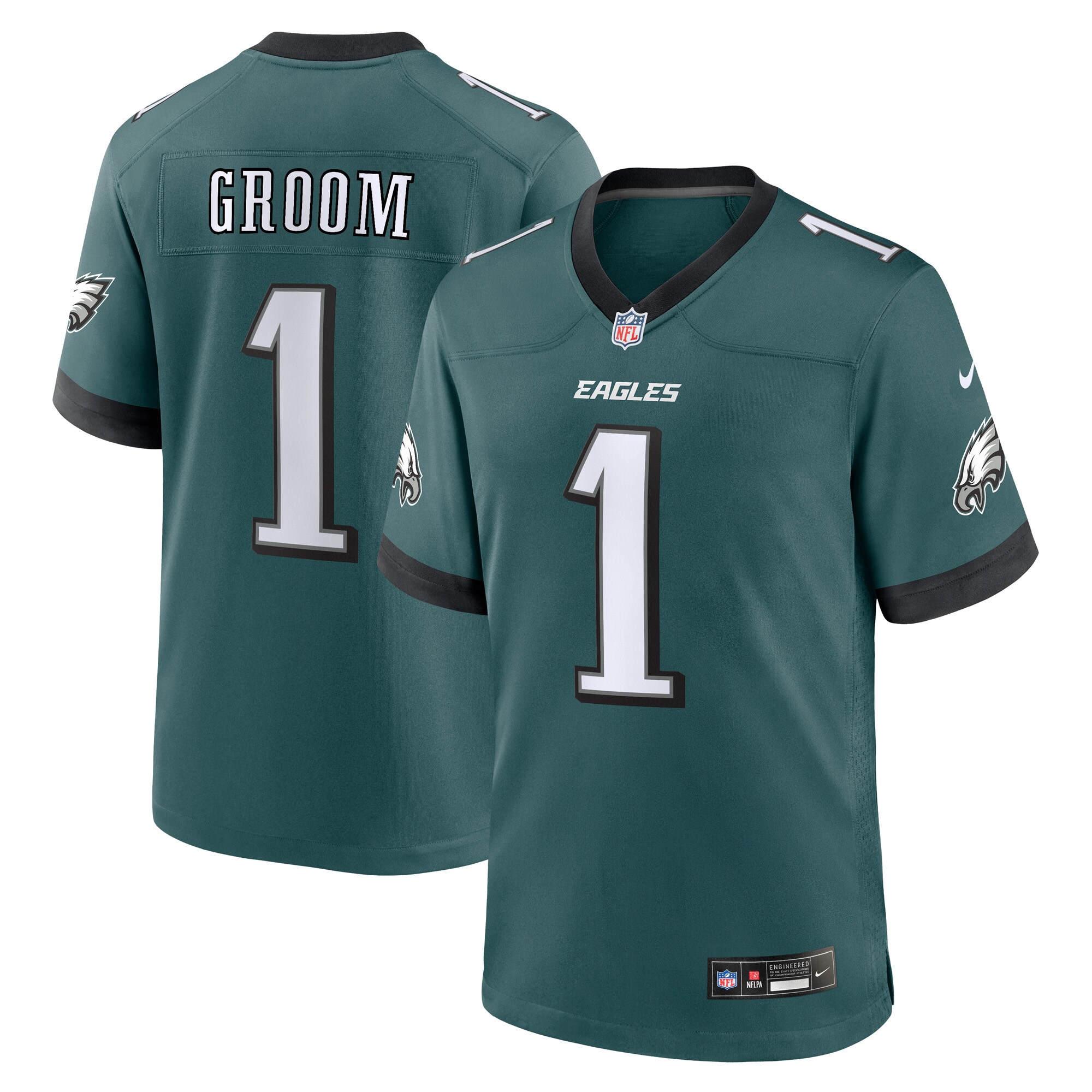 Men's Philadelphia Eagles Number 1 Groom Midnight Green Game Jersey Js1466