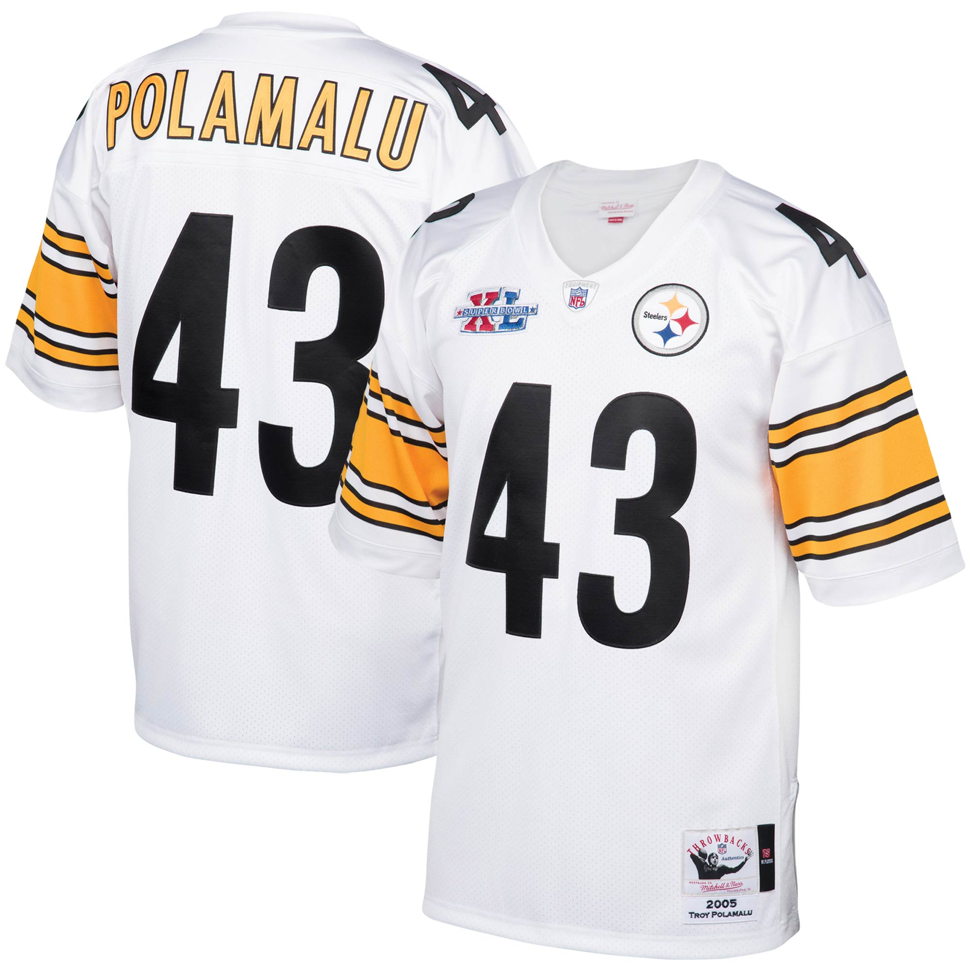 Men's Pittsburgh Steelers 2005 Troy Polamalu Mitchell & Ness White Throwback Retired Player Jersey Js4254