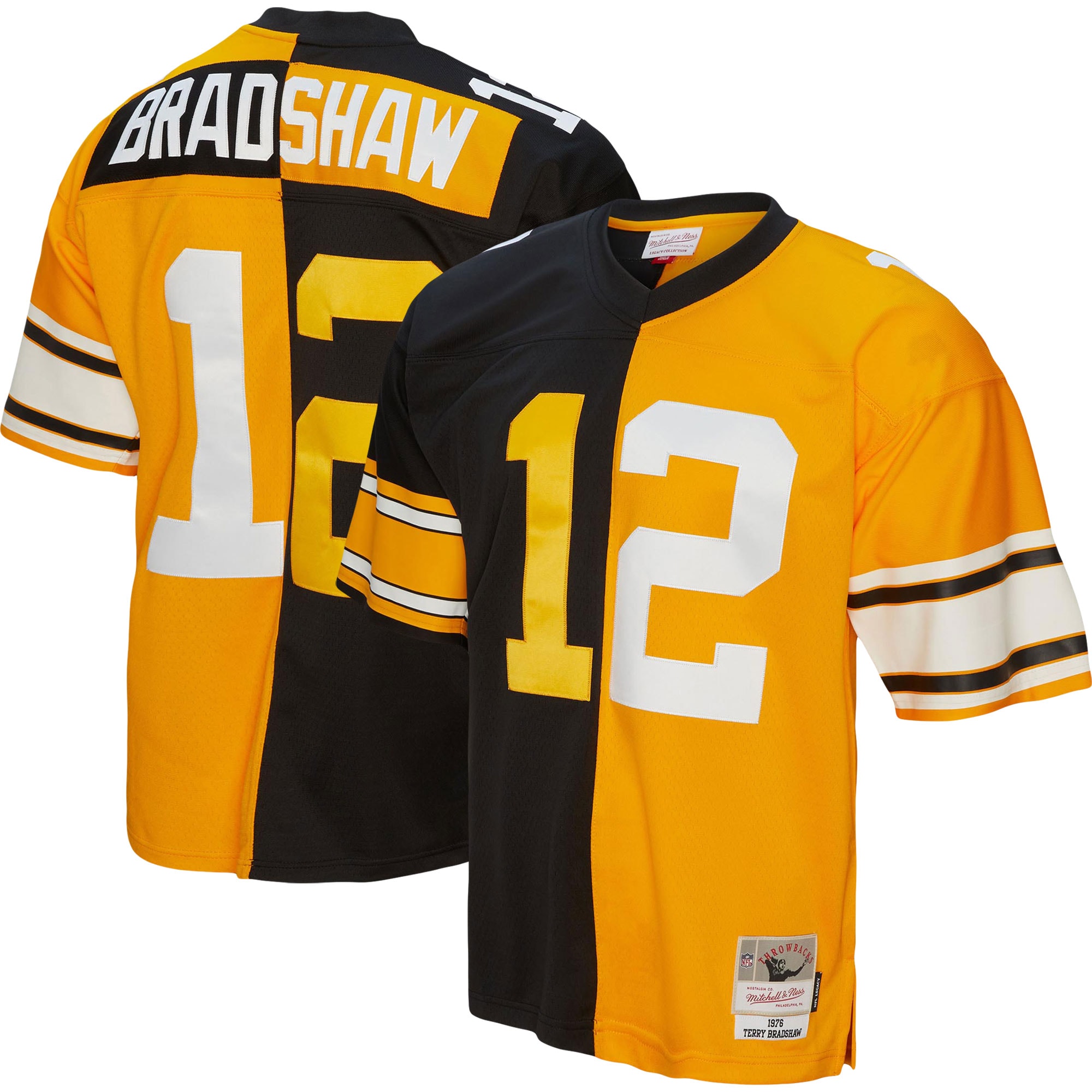 Men's Pittsburgh Steelers Terry Bradshaw Mitchell & Ness Black/gold 1976 Split Legacy Jersey Js4091