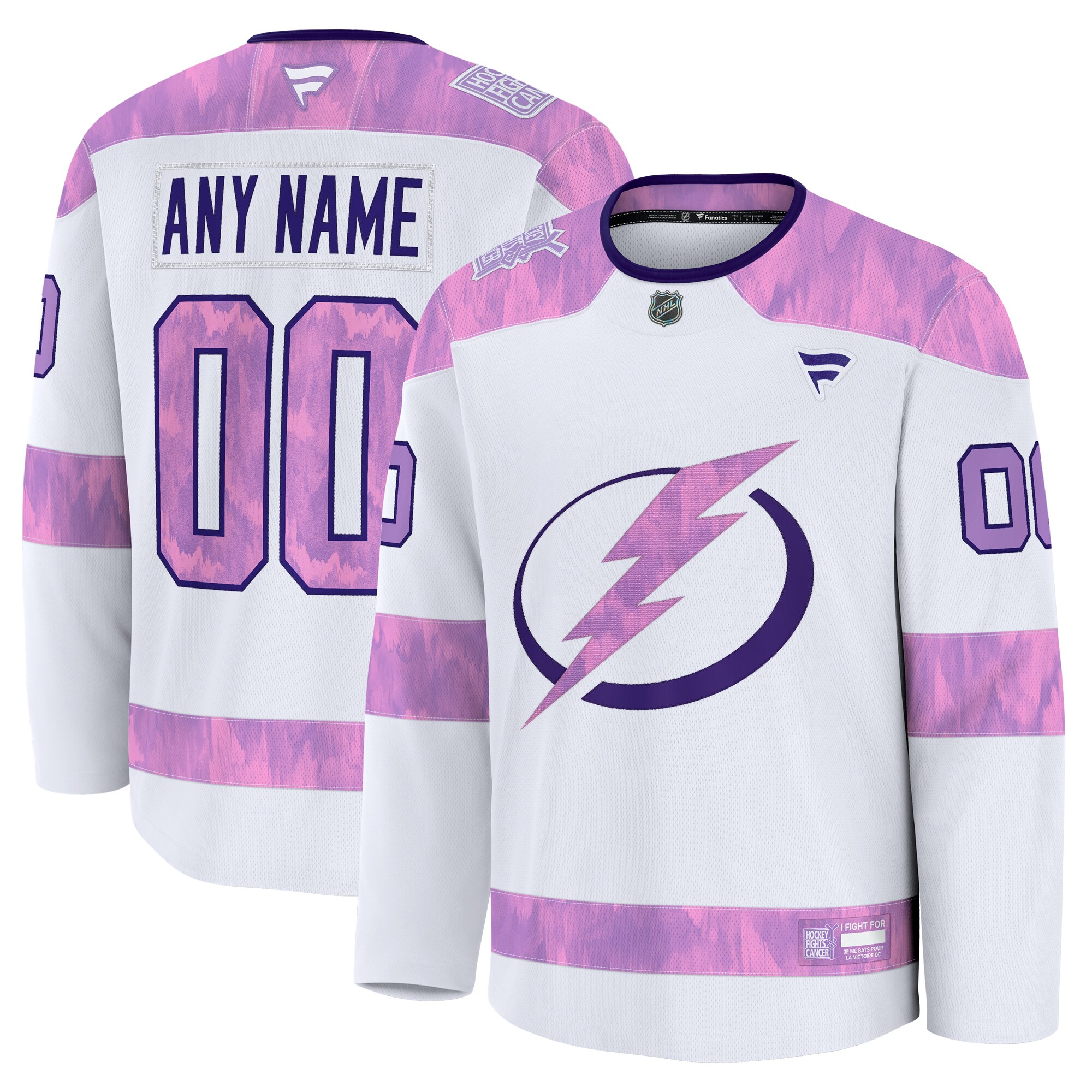 Men's Tampa Bay Lightning White 2024 Hockey Fights Cancer Custom Practice Jersey
