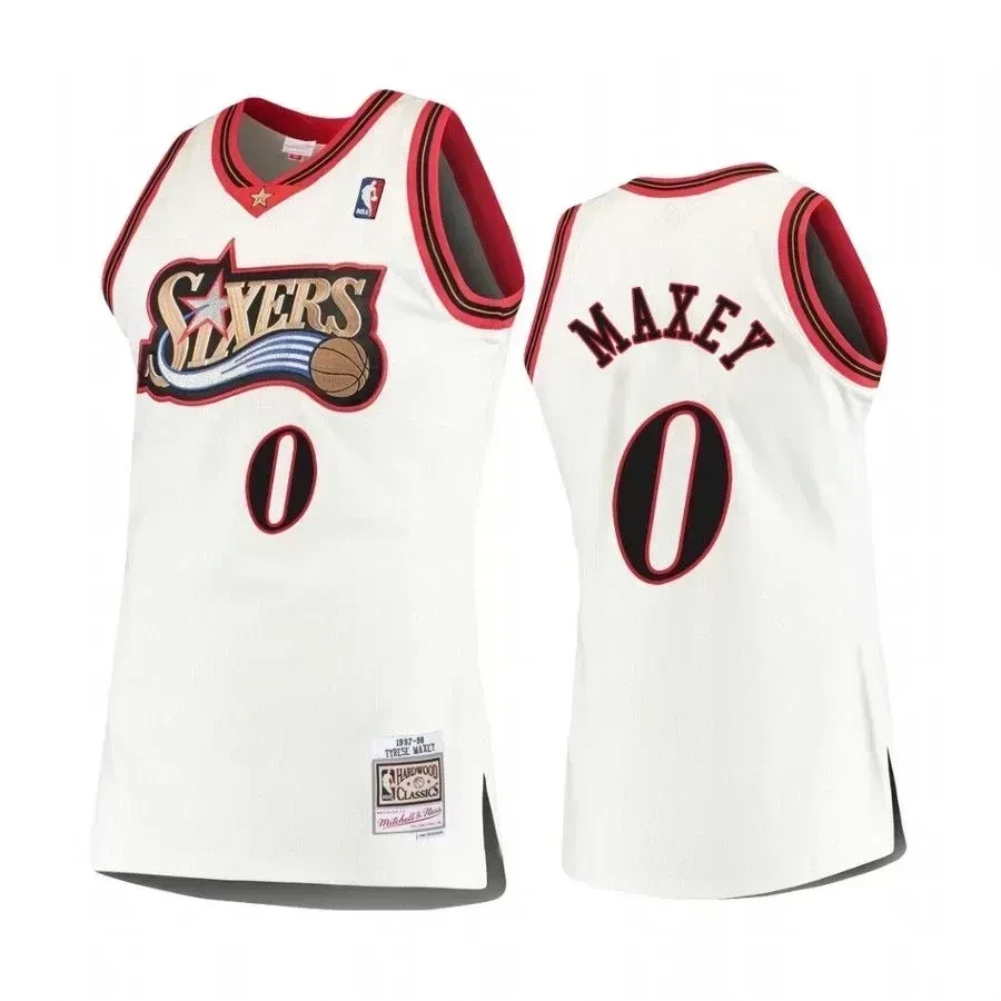 Men's Tyrese Maxey 0 Philadelphia 76ers Hardwood Classics Jersey White