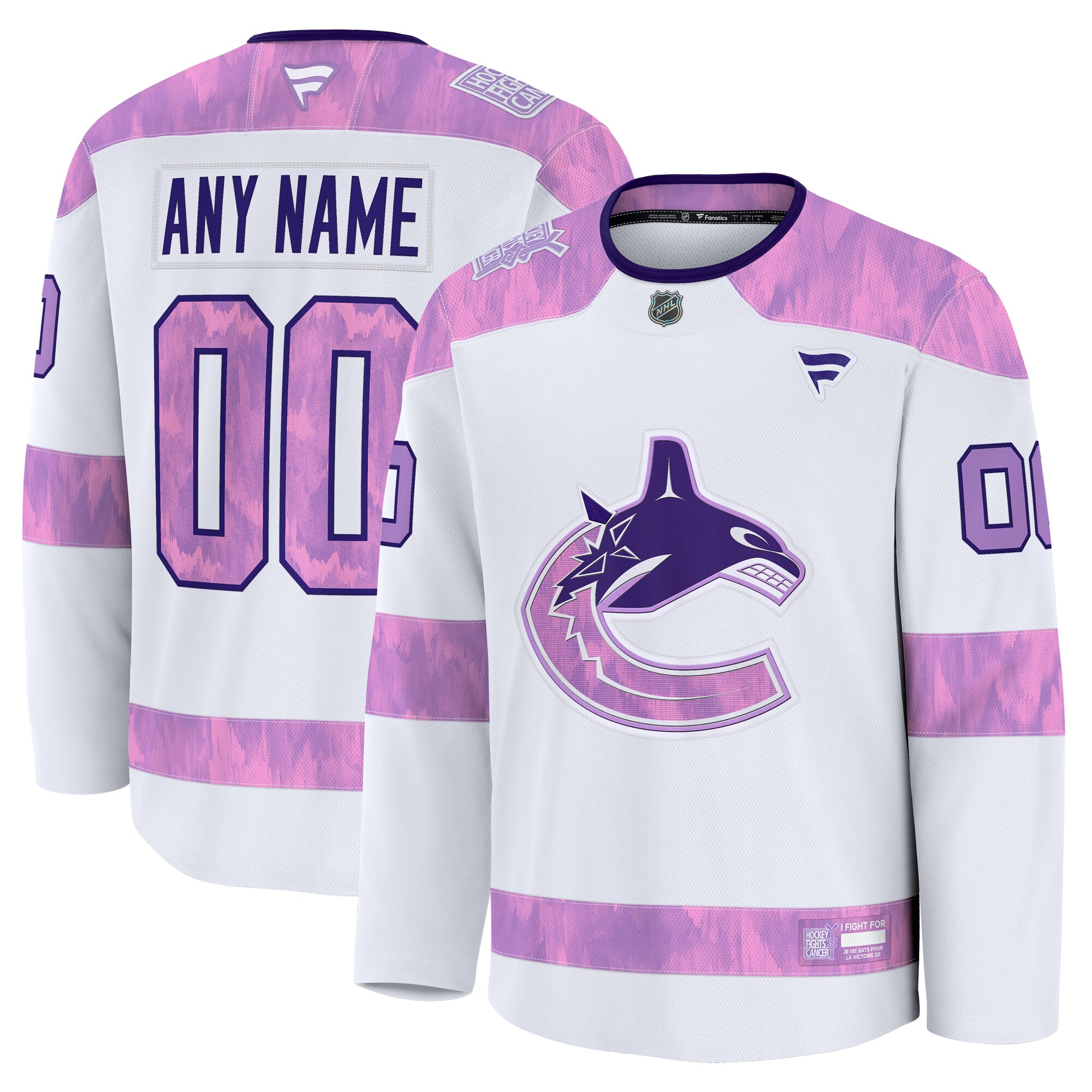 Men's Vancouver Canucks White 2024 Hockey Fights Cancer Custom Practice Jersey