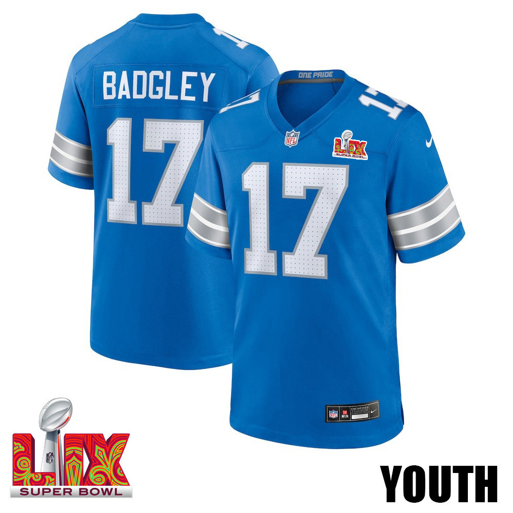 Michael Badgley #17 Detroit Lions Super Bowl Lix Youth Jersey - Blue Js3424
