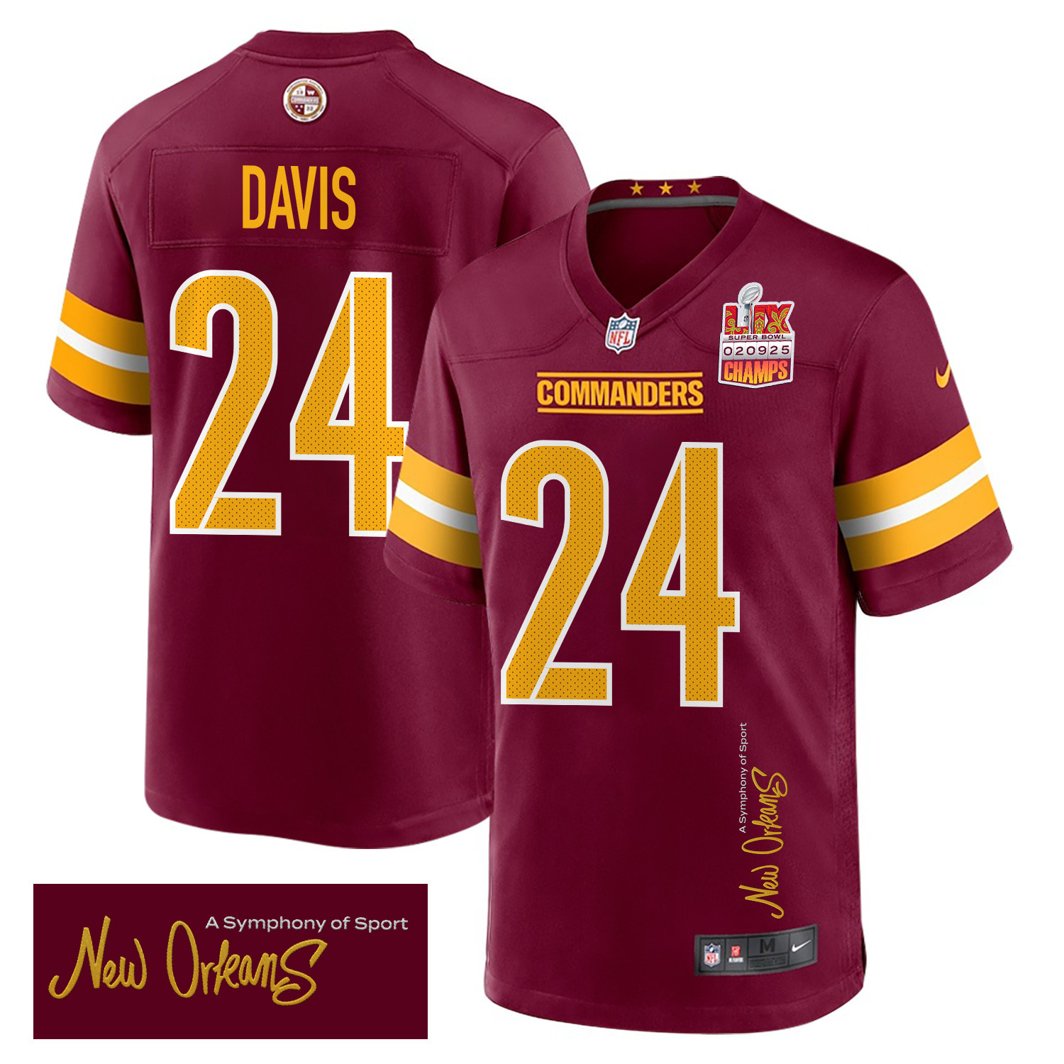 Michael Davis 24 Washington Commanders Super Bowl Lix Champions Patch 'new Orleans - A Symphony Of Sport' Embroidered Game Men Jersey - Burgundy Js1872