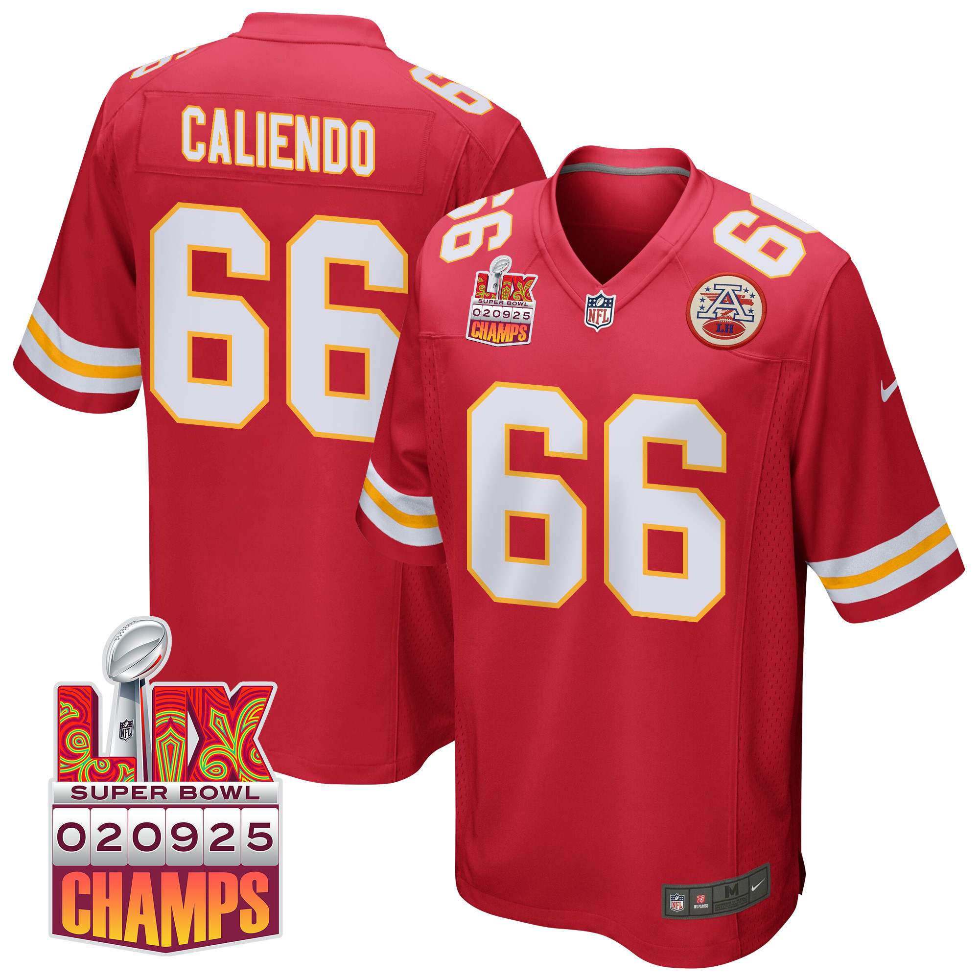 Mike Caliendo 66 Kansas City Chiefs Super Bowl Lix Champions Patch Game Men Jersey - Red Js2233