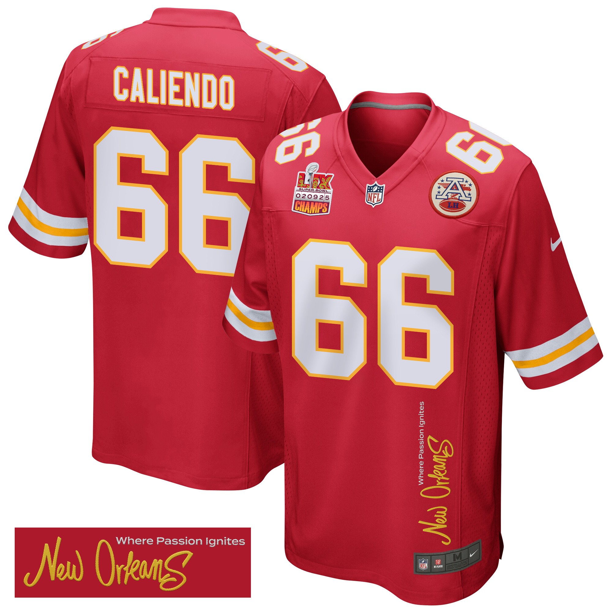 Mike Caliendo 66 Kansas City Chiefs Super Bowl Lix Champions Patch 'new Orleans - Where Passion Ignites' Embroidered Game Men Jersey - Red Js2768