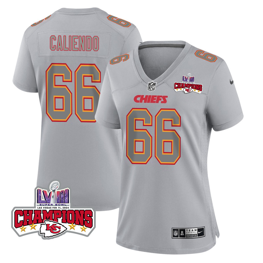 Mike Caliendo 66 Kansas City Chiefs Super Bowl Lviii Champions 4 Stars Patch Atmosphere Fashion Game Women Jersey - Gray Js3432