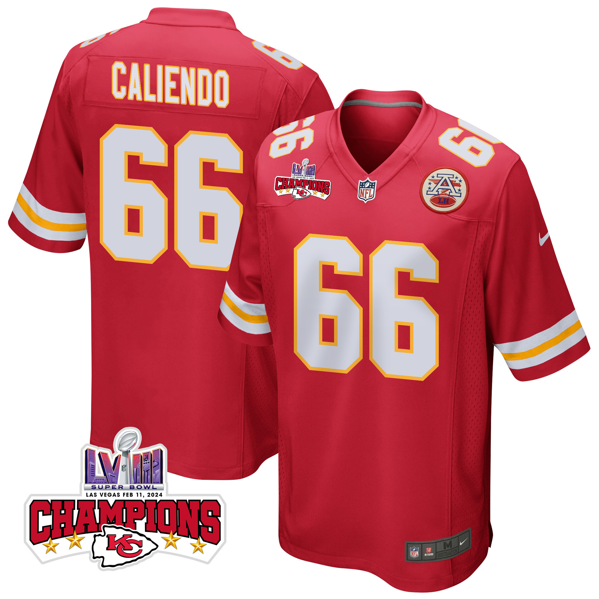 Mike Caliendo 66 Kansas City Chiefs Super Bowl Lviii Champions 4 Stars Patch Game Men Jersey - Red Js8201