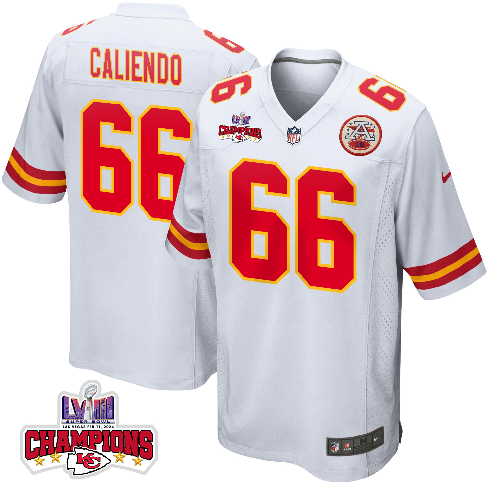 Mike Caliendo 66 Kansas City Chiefs Super Bowl Lviii Champions 4 Stars Patch Game Men Jersey - White Js3624