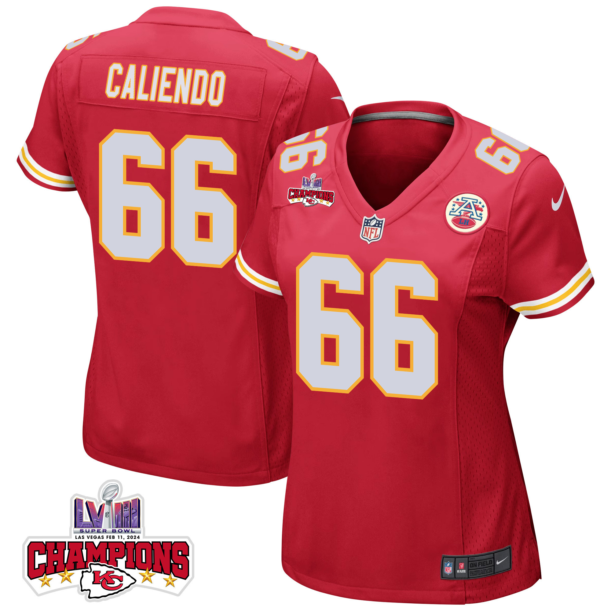 Mike Caliendo 66 Kansas City Chiefs Super Bowl Lviii Champions 4 Stars Patch Game Women Jersey - Red Js4749