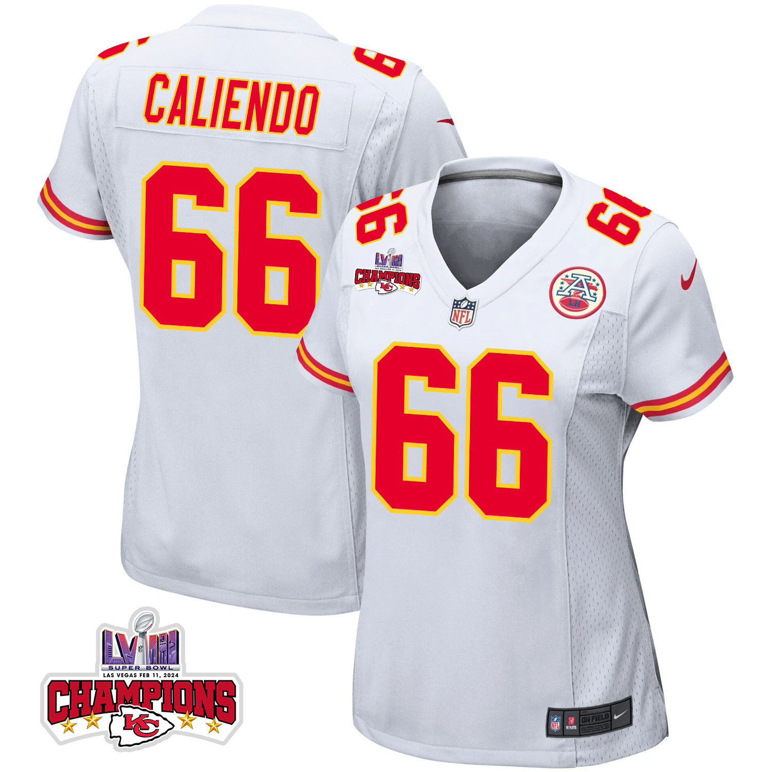 Mike Caliendo 66 Kansas City Chiefs Super Bowl Lviii Champions 4 Stars Patch Game Women Jersey - White Js8263