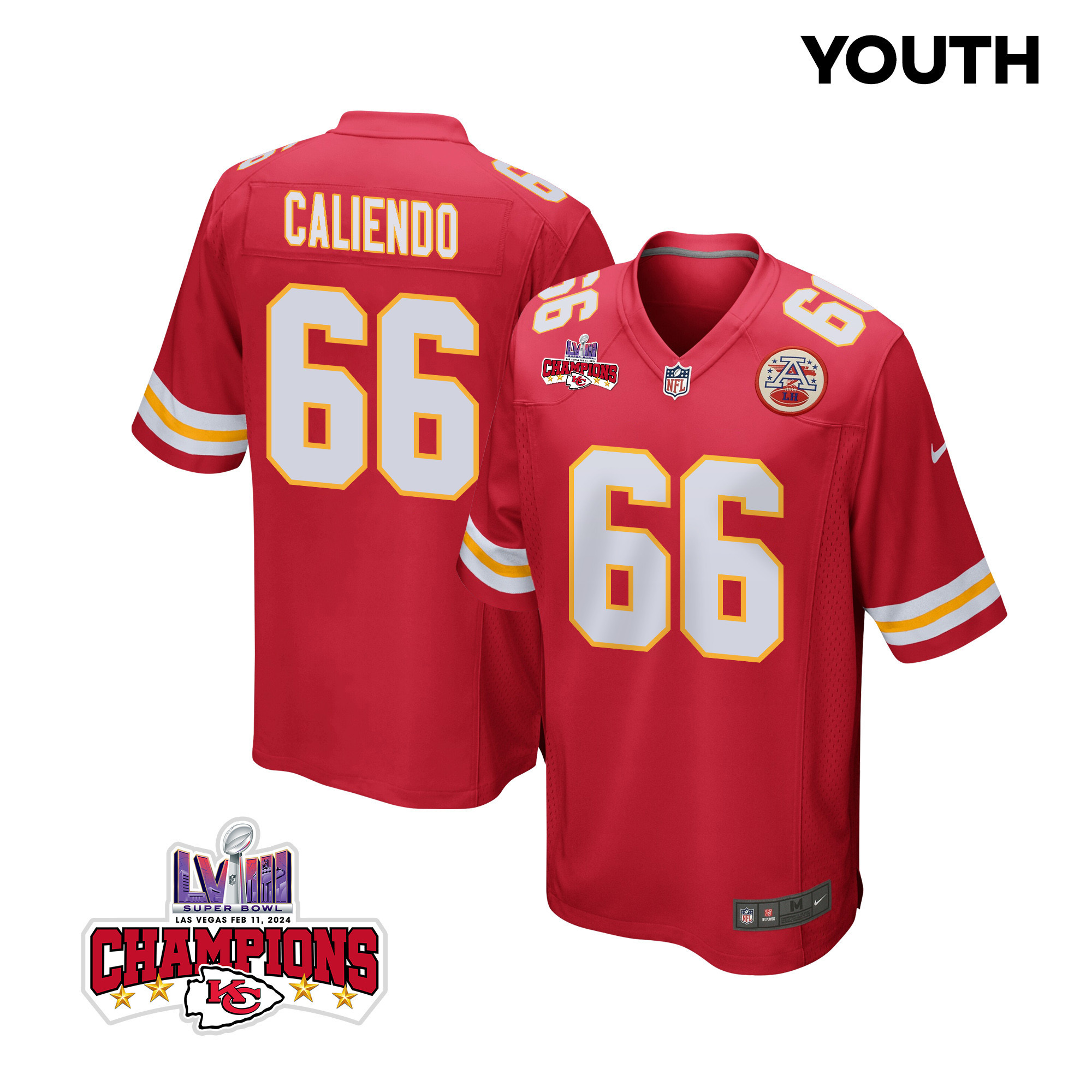 Mike Caliendo 66 Kansas City Chiefs Super Bowl Lviii Champions 4 Stars Patch Game Youth Jersey - Red Js8282