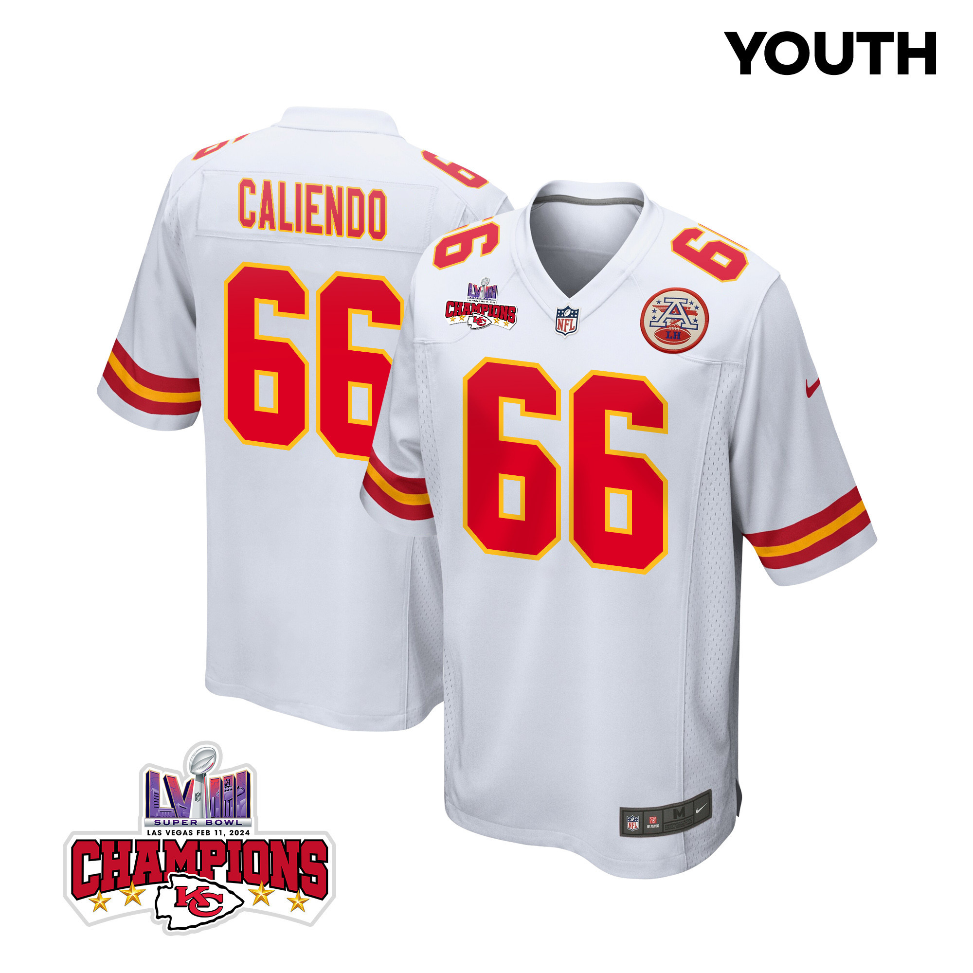 Mike Caliendo 66 Kansas City Chiefs Super Bowl Lviii Champions 4 Stars Patch Game Youth Jersey - White Js9716