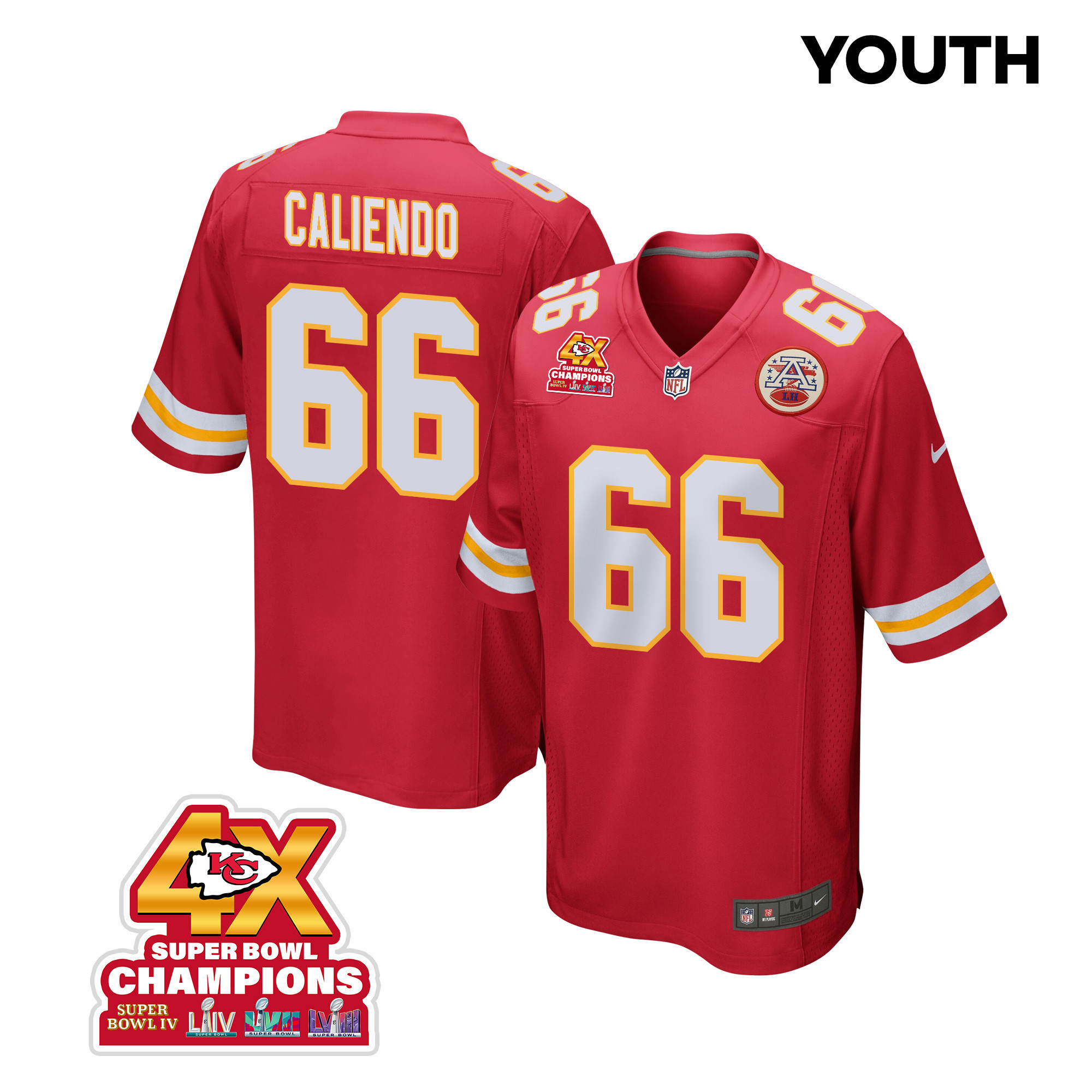 Mike Caliendo 66 Kansas City Chiefs Super Bowl Lviii Champions 4x Game Youth Jersey - Red Js5264