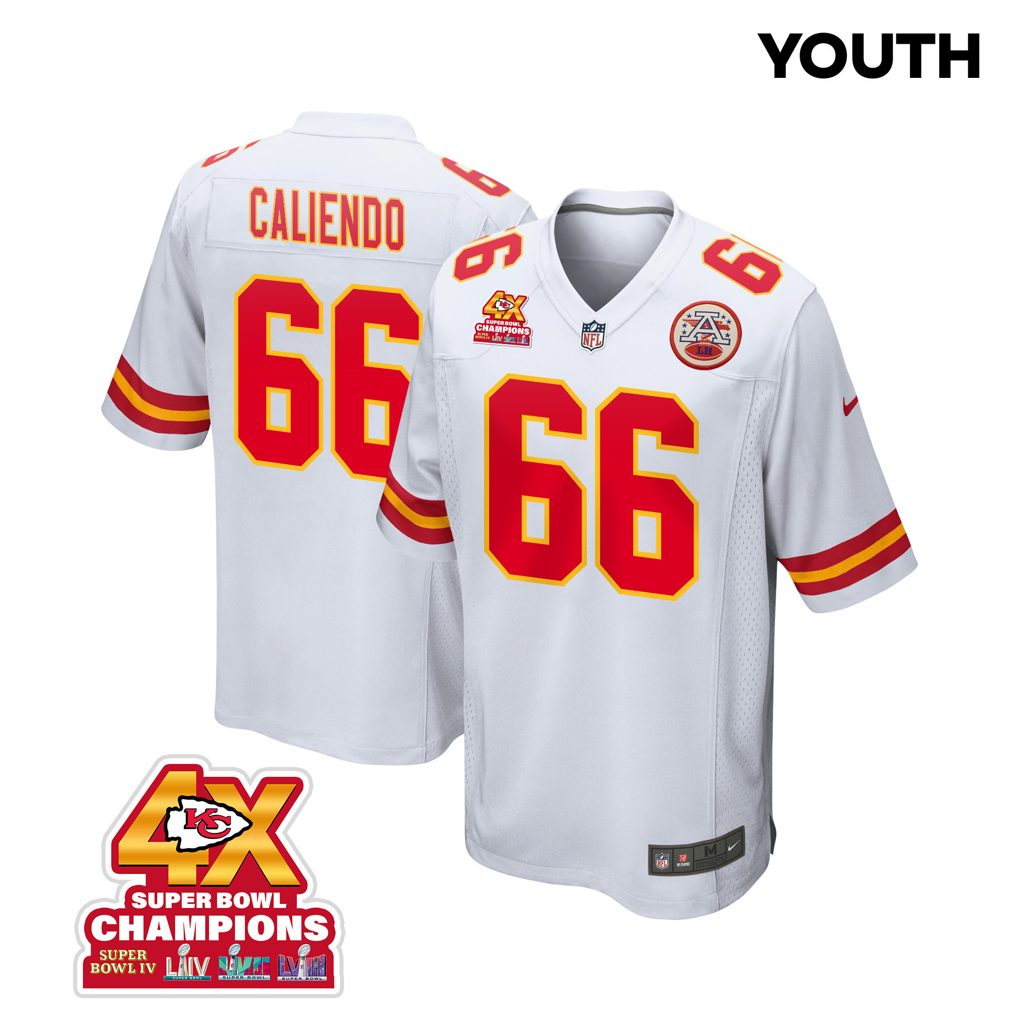 Mike Caliendo 66 Kansas City Chiefs Super Bowl Lviii Champions 4x Game Youth Jersey - White Js2543