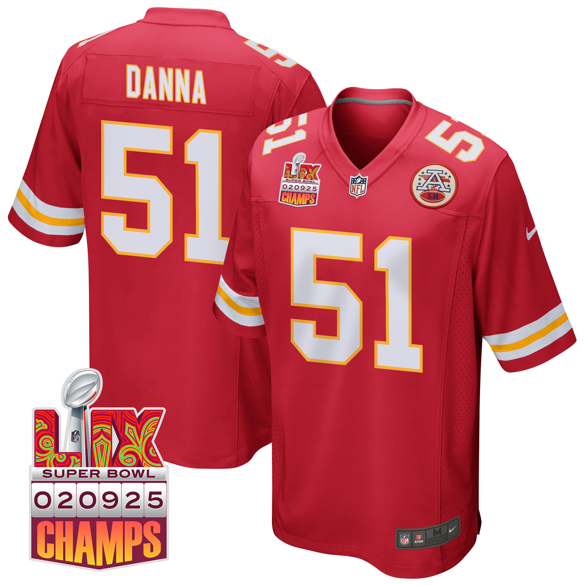 Mike Danna 51 Kansas City Chiefs Super Bowl Lix Champions Patch Game Men Jersey - Red Js1938