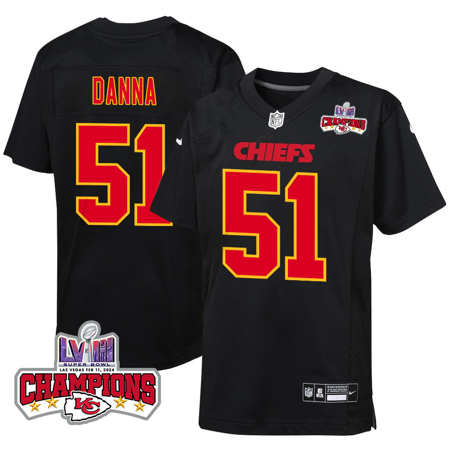 Mike Danna 51 Kansas City Chiefs Super Bowl Lviii Champions 4 Stars Patch Fashion Game Youth Jersey - Carbon Black Js6976