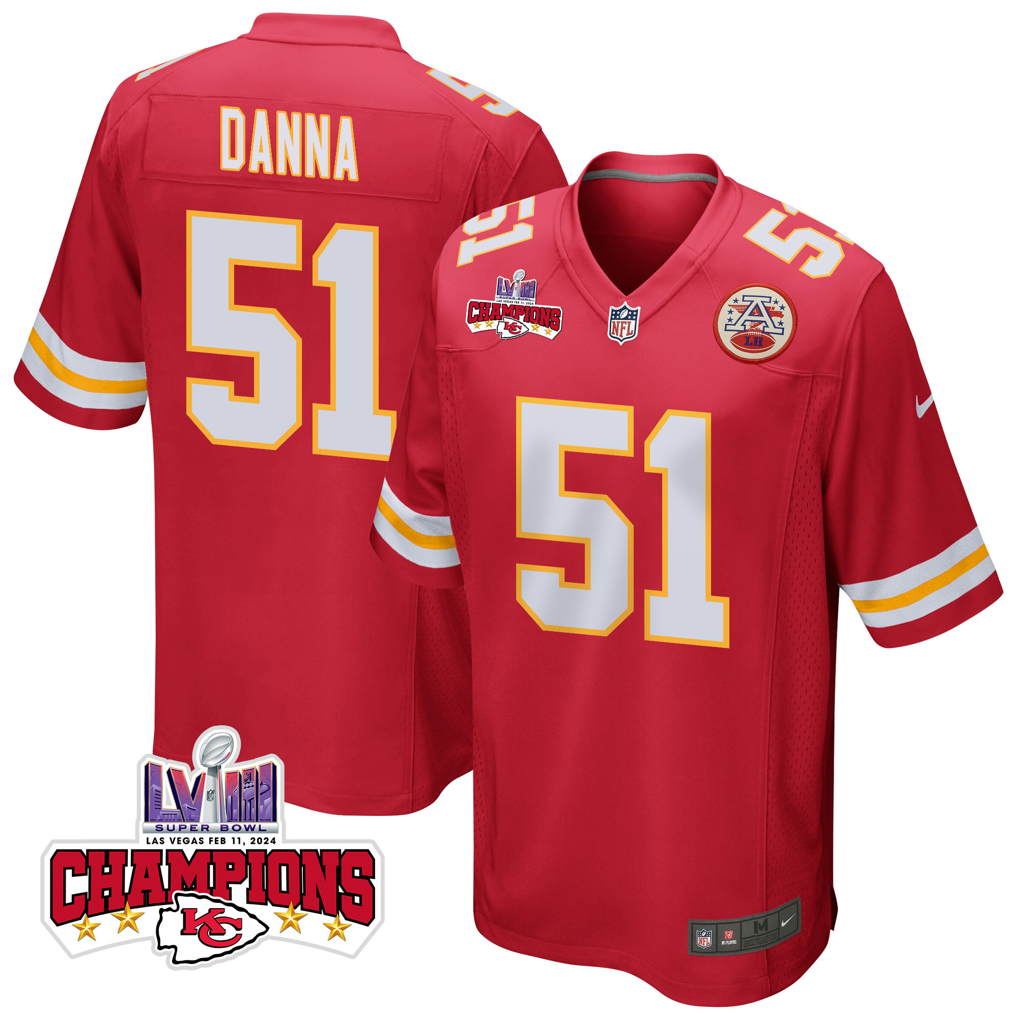 Mike Danna 51 Kansas City Chiefs Super Bowl Lviii Champions 4 Stars Patch Game Men Jersey - Red Js6635