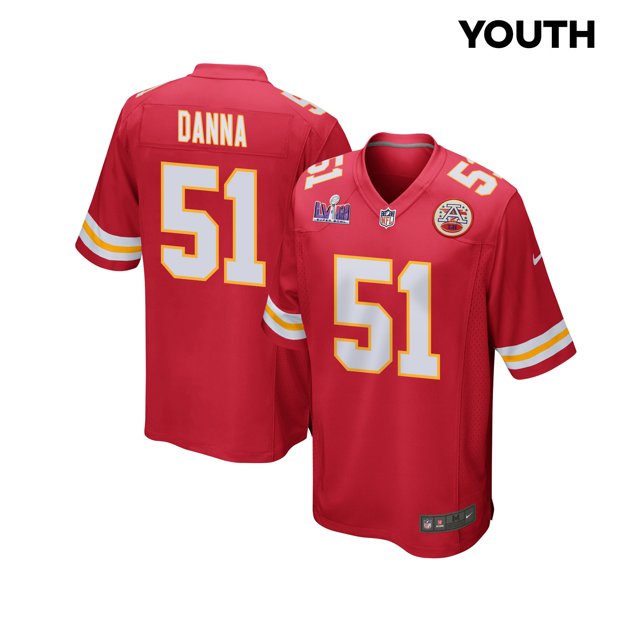 Mike Danna 51 Kansas City Chiefs Super Bowl Lviii Patch Game Youth Jersey - Red Js8349