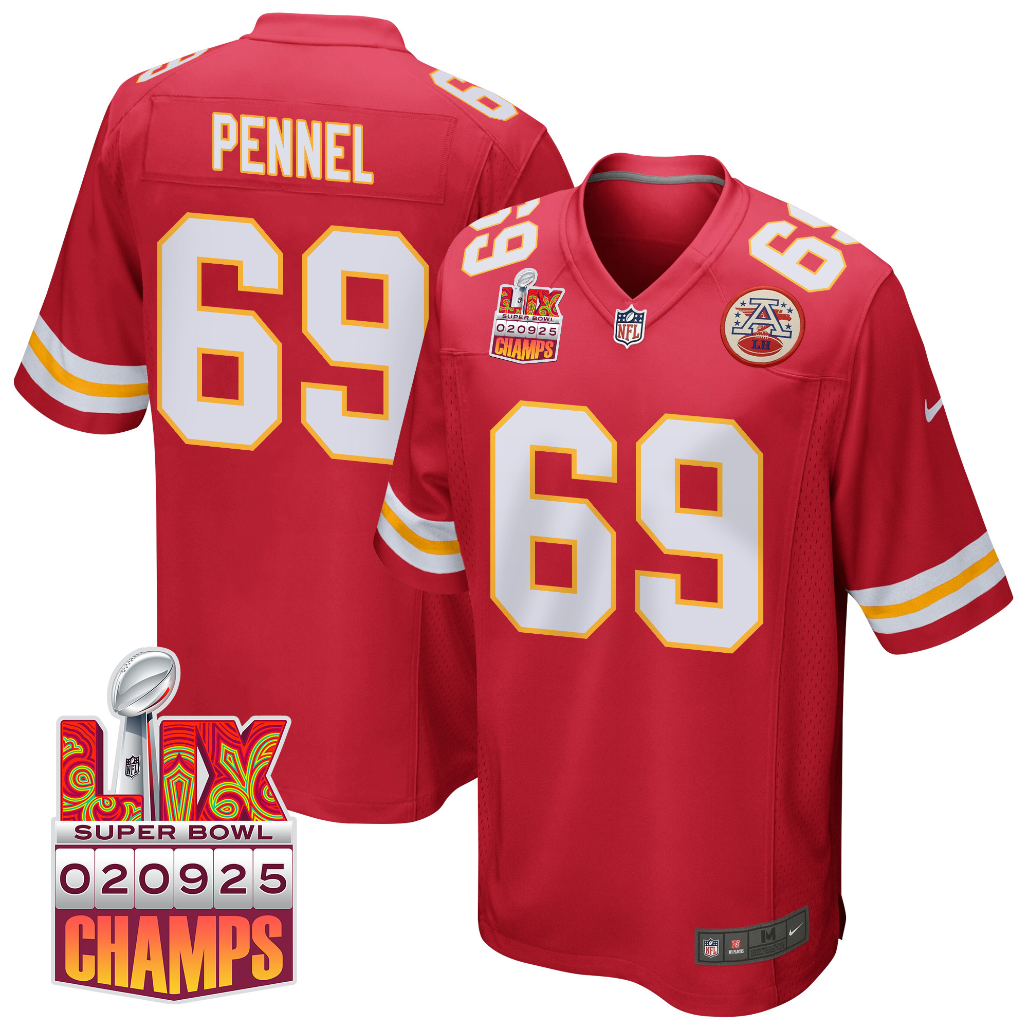 Mike Pennel 69 Kansas City Chiefs Super Bowl Lix Champions Patch Game Men Jersey - Red Js1527