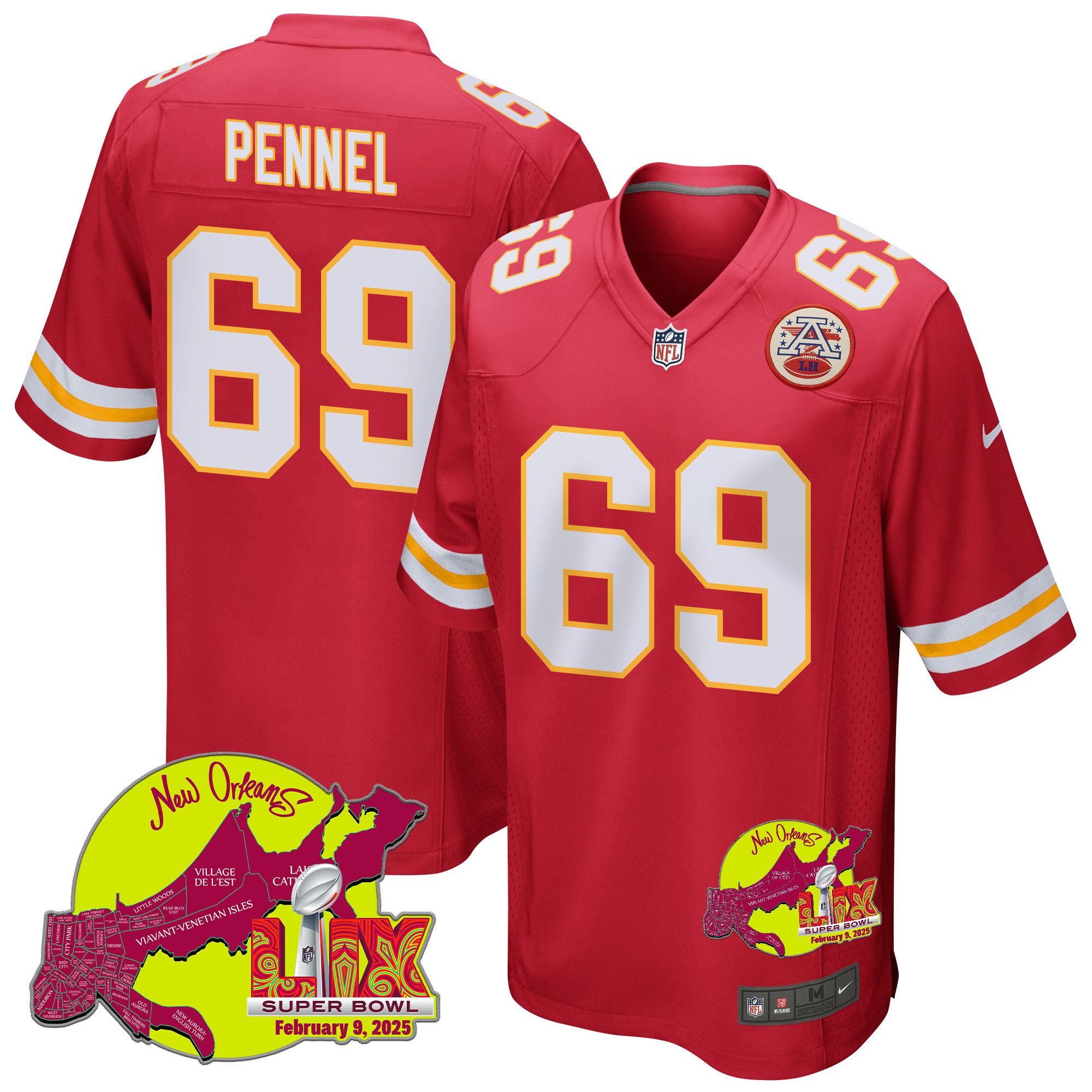 Mike Pennel 69 Kansas City Chiefs Super Bowl Lix New Orleans Patch Game Men Jersey - Red Js3538