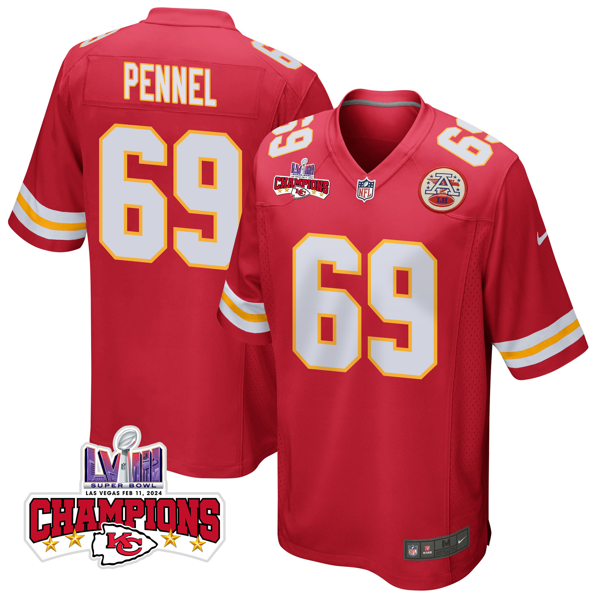 Mike Pennel 69 Kansas City Chiefs Super Bowl Lviii Champions 4 Stars Patch Game Men Jersey - Red Js9240