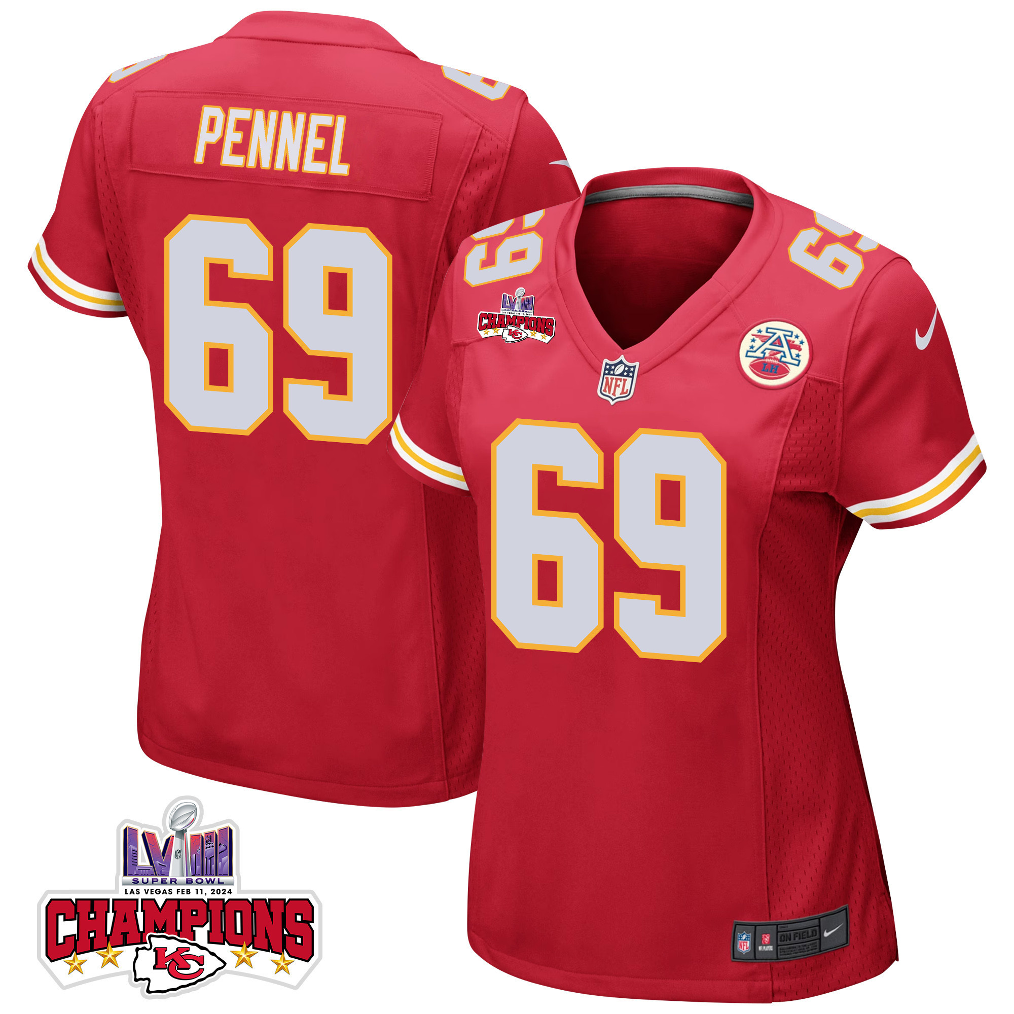 Mike Pennel 69 Kansas City Chiefs Super Bowl Lviii Champions 4 Stars Patch Game Women Jersey - Red Js4003