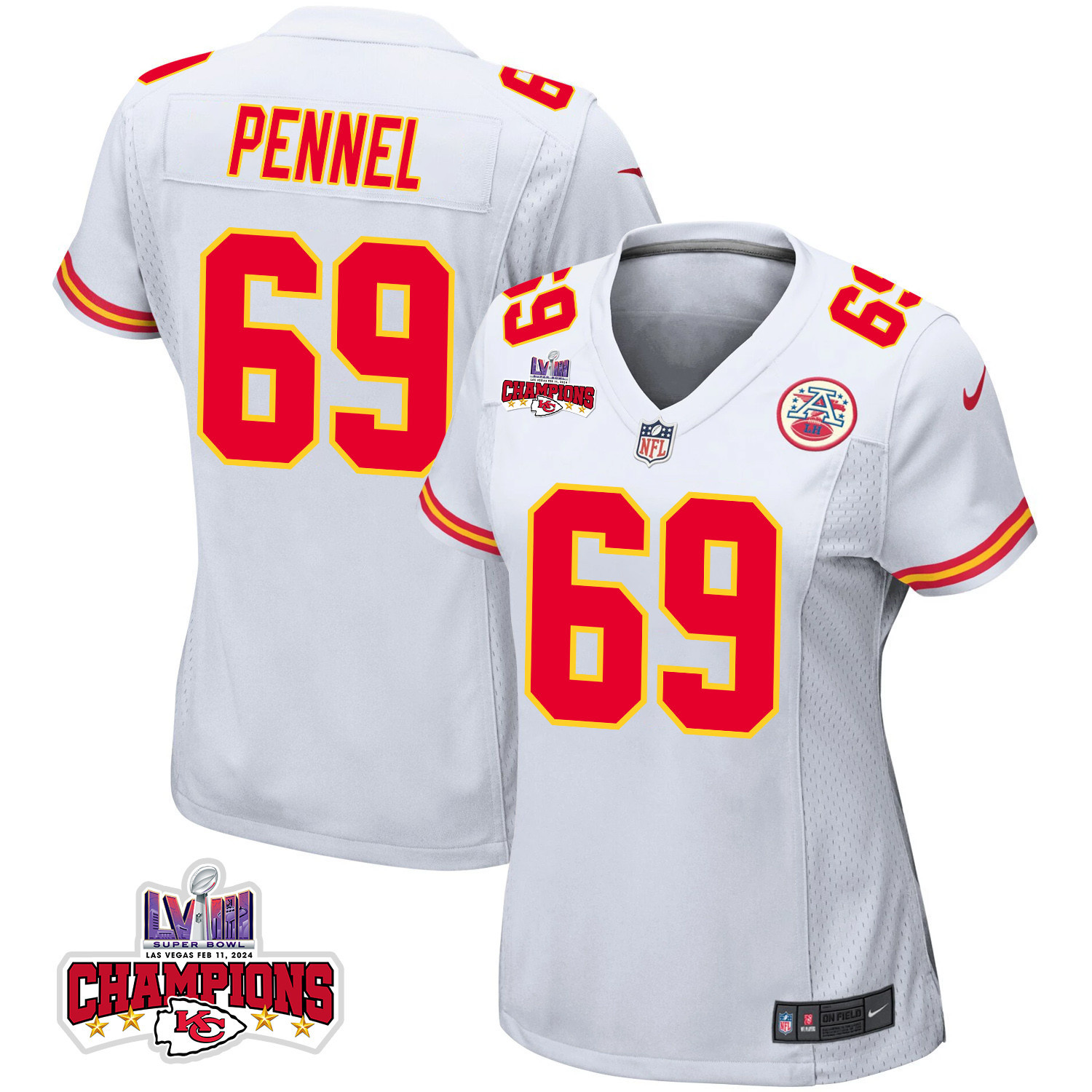 Mike Pennel 69 Kansas City Chiefs Super Bowl Lviii Champions 4 Stars Patch Game Women Jersey - White Js9095