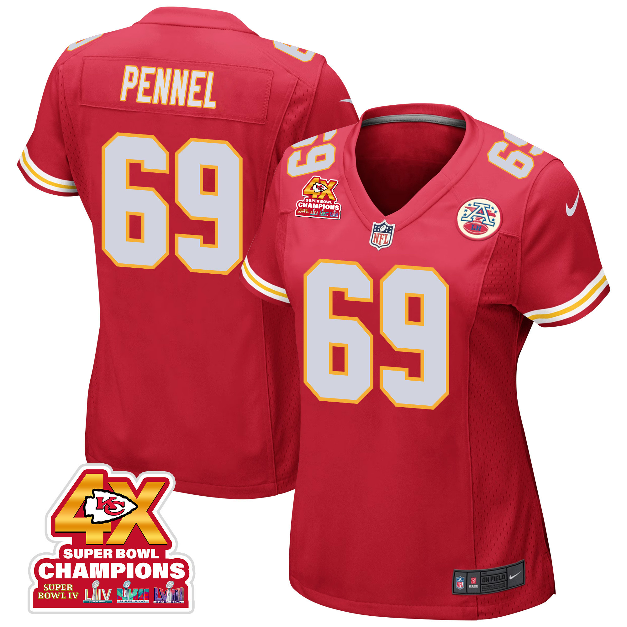 Mike Pennel 69 Kansas City Chiefs Super Bowl Lviii Champions 4x Game Women Jersey - Red Js1998