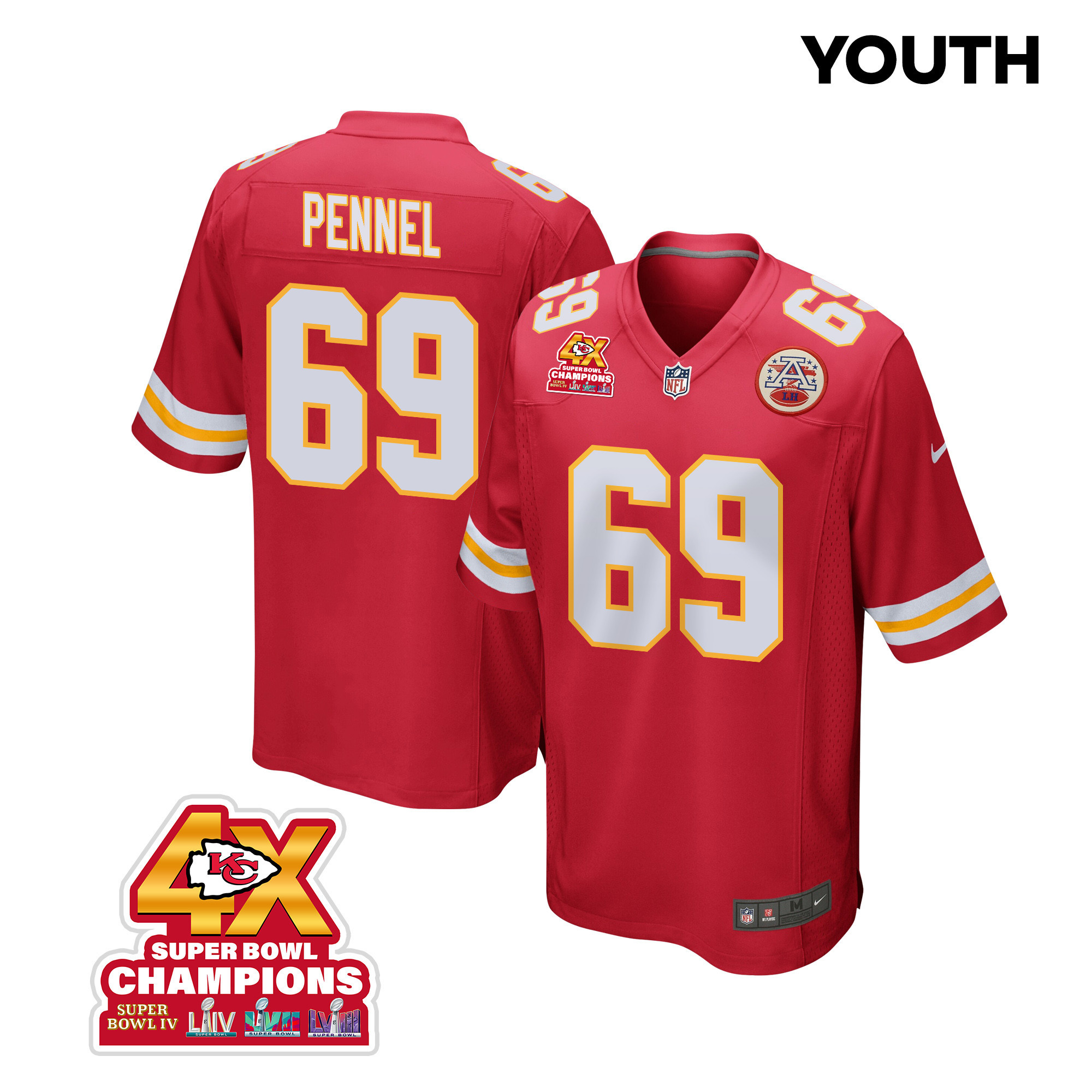 Mike Pennel 69 Kansas City Chiefs Super Bowl Lviii Champions 4x Game Youth Jersey - Red Js1819