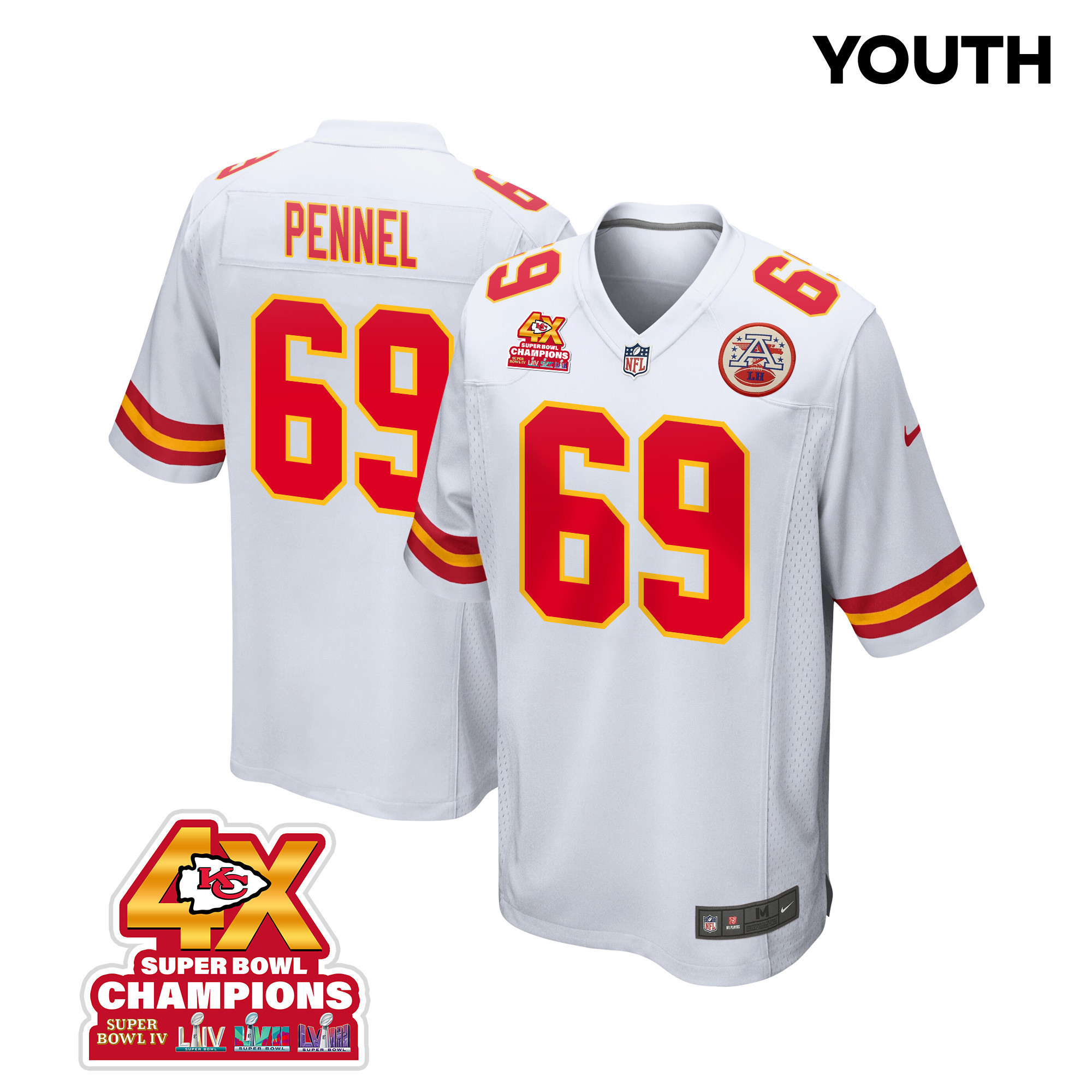 Mike Pennel 69 Kansas City Chiefs Super Bowl Lviii Champions 4x Game Youth Jersey - White Js5708