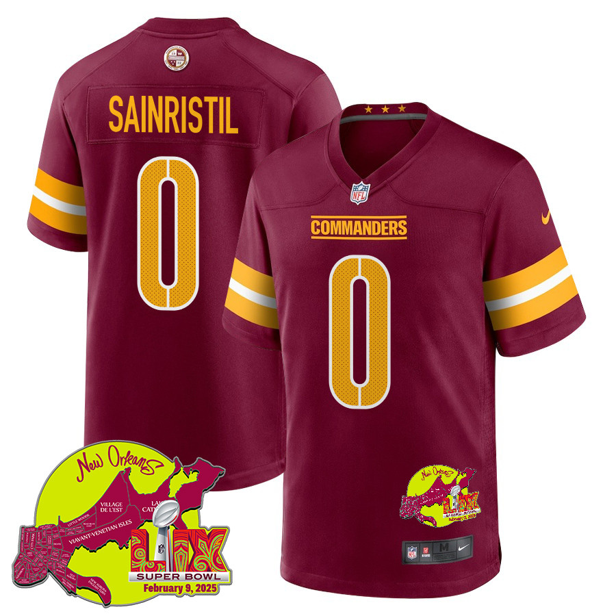 Mike Sainristil 0 Washington Commanders Super Bowl Lix New Orleans Patch Game Men Jersey - Burgundy Js5627