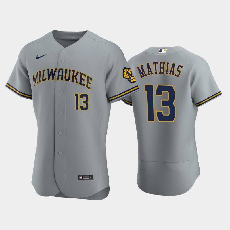 Milwaukee Brewers 13 Mark Mathias Road Team Gray Jersey