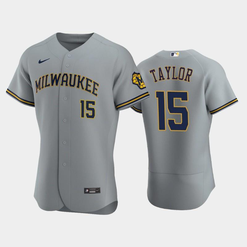 Milwaukee Brewers 15 Tyrone Taylor Road Team Gray Jersey